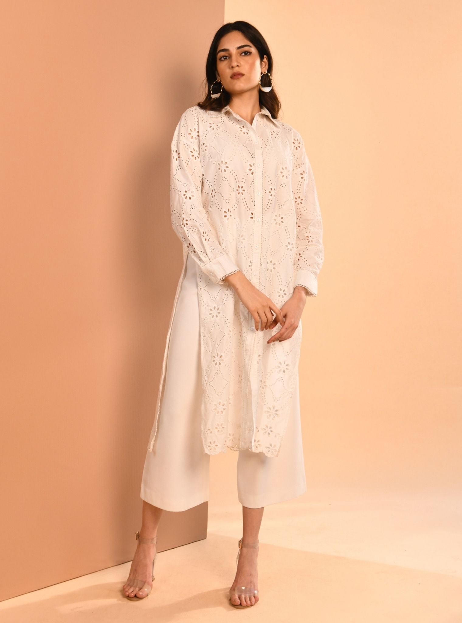 Mulmul Cotton Trix White Long Shirt