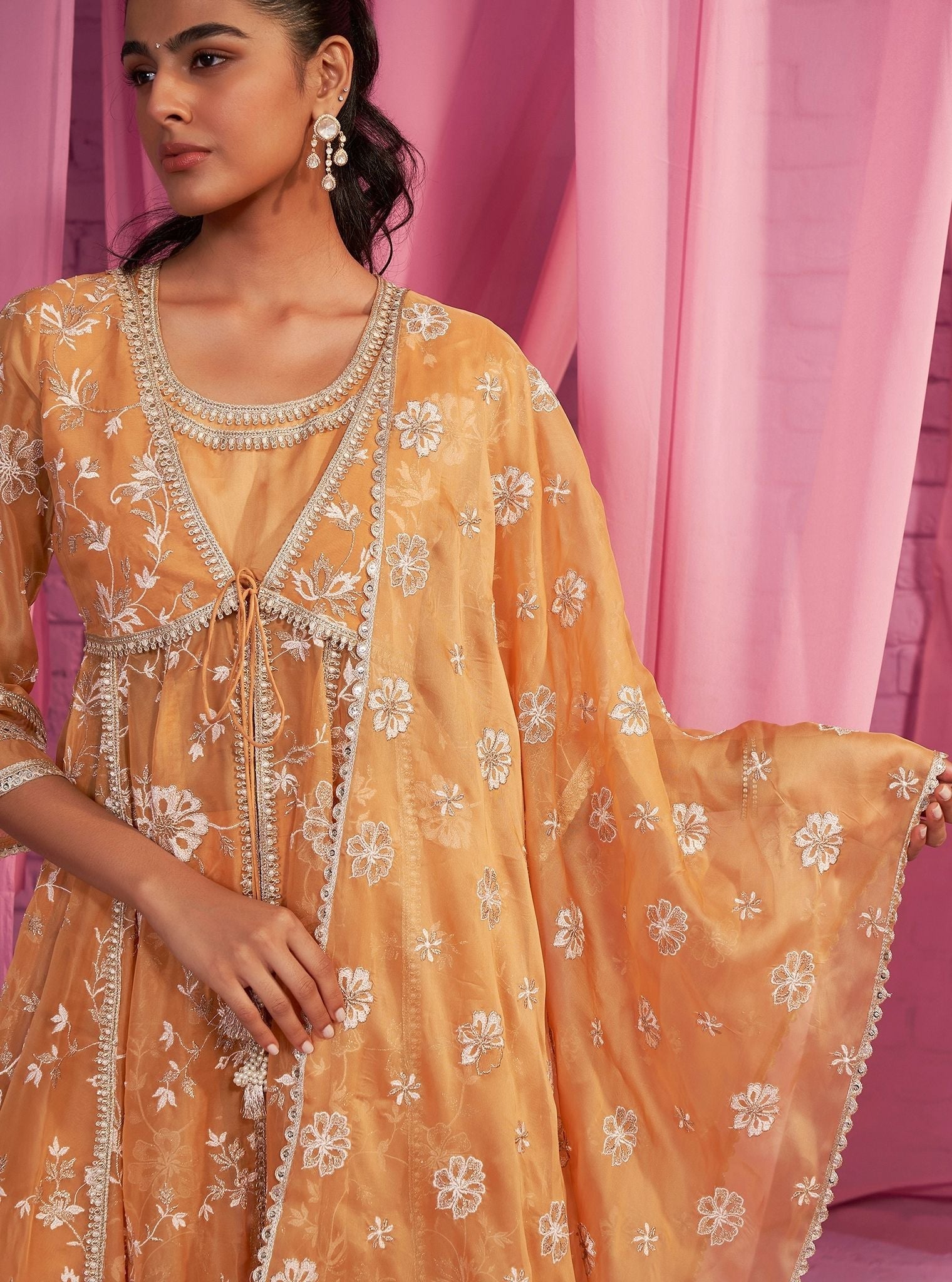 Mulmul Organza Sharvi Orange Anarkali Kurta With Mulmul Cotton Sharvi Orange Pant