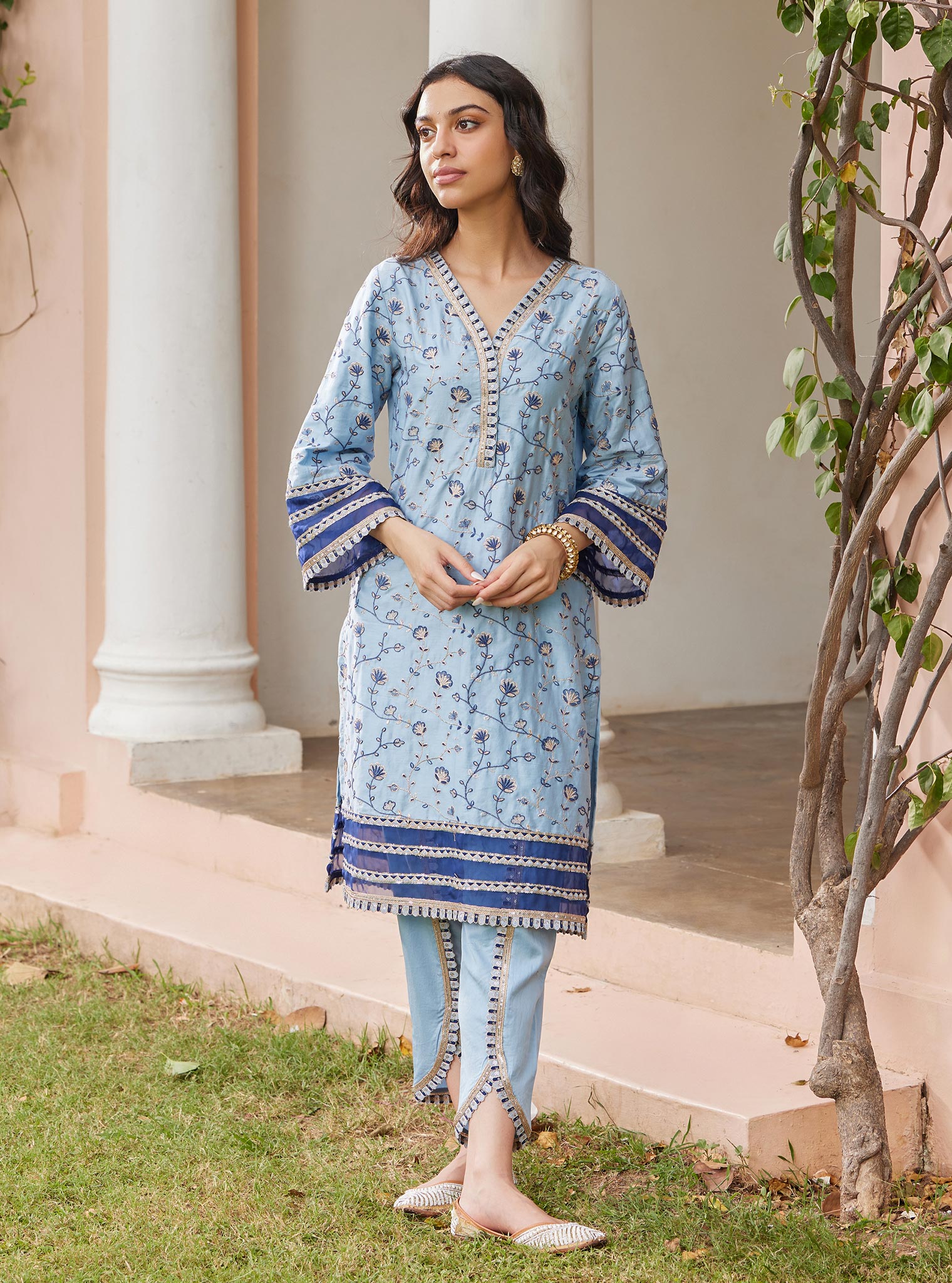 Mulmul Pima Drita Blue Kurta with Mulmul Pima Drita Blue Pant