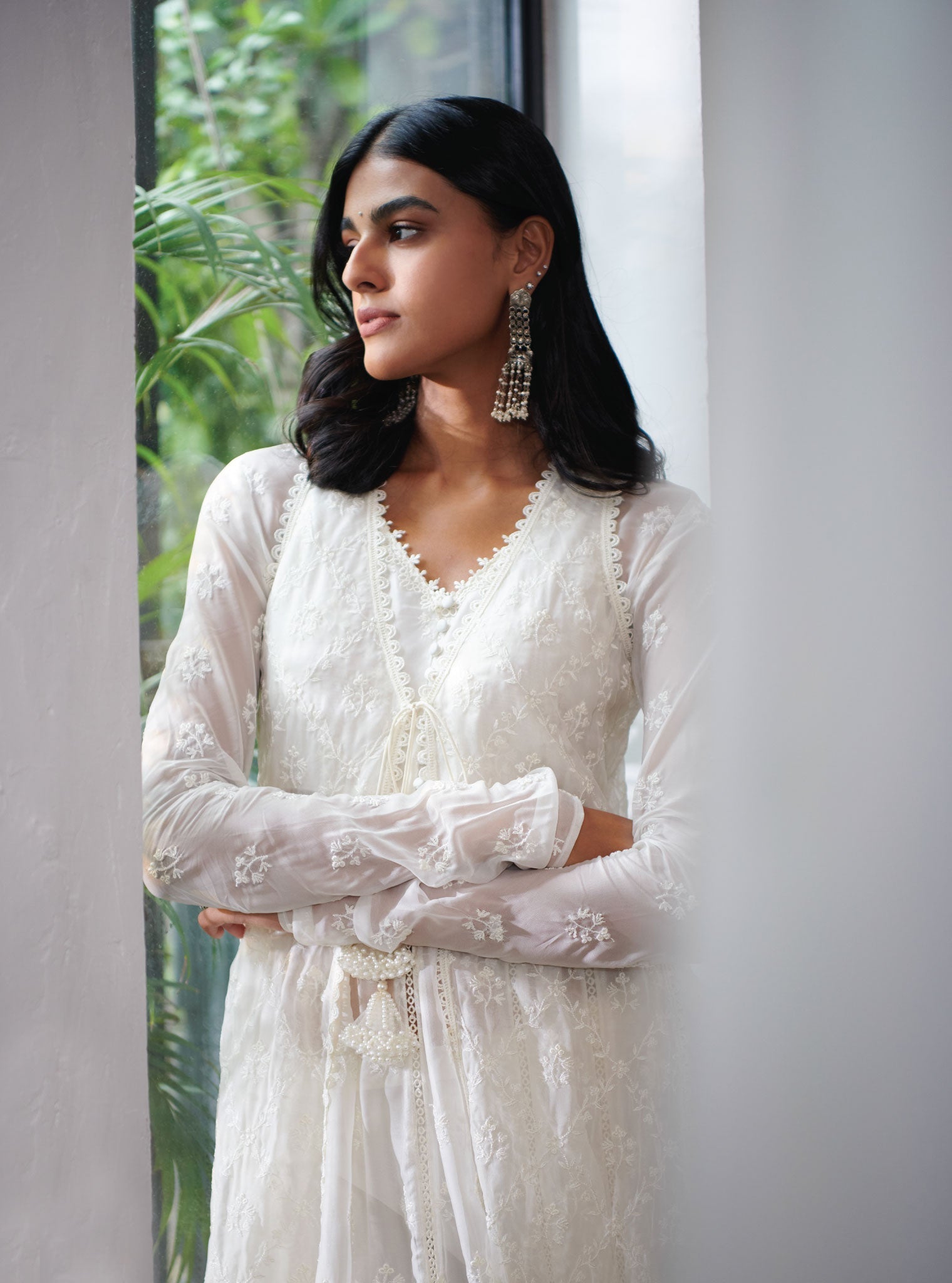 Mulmul Organza Essex Off White Anarkali Kurta with Organza Jacket With Cotton Essex Off White Pant