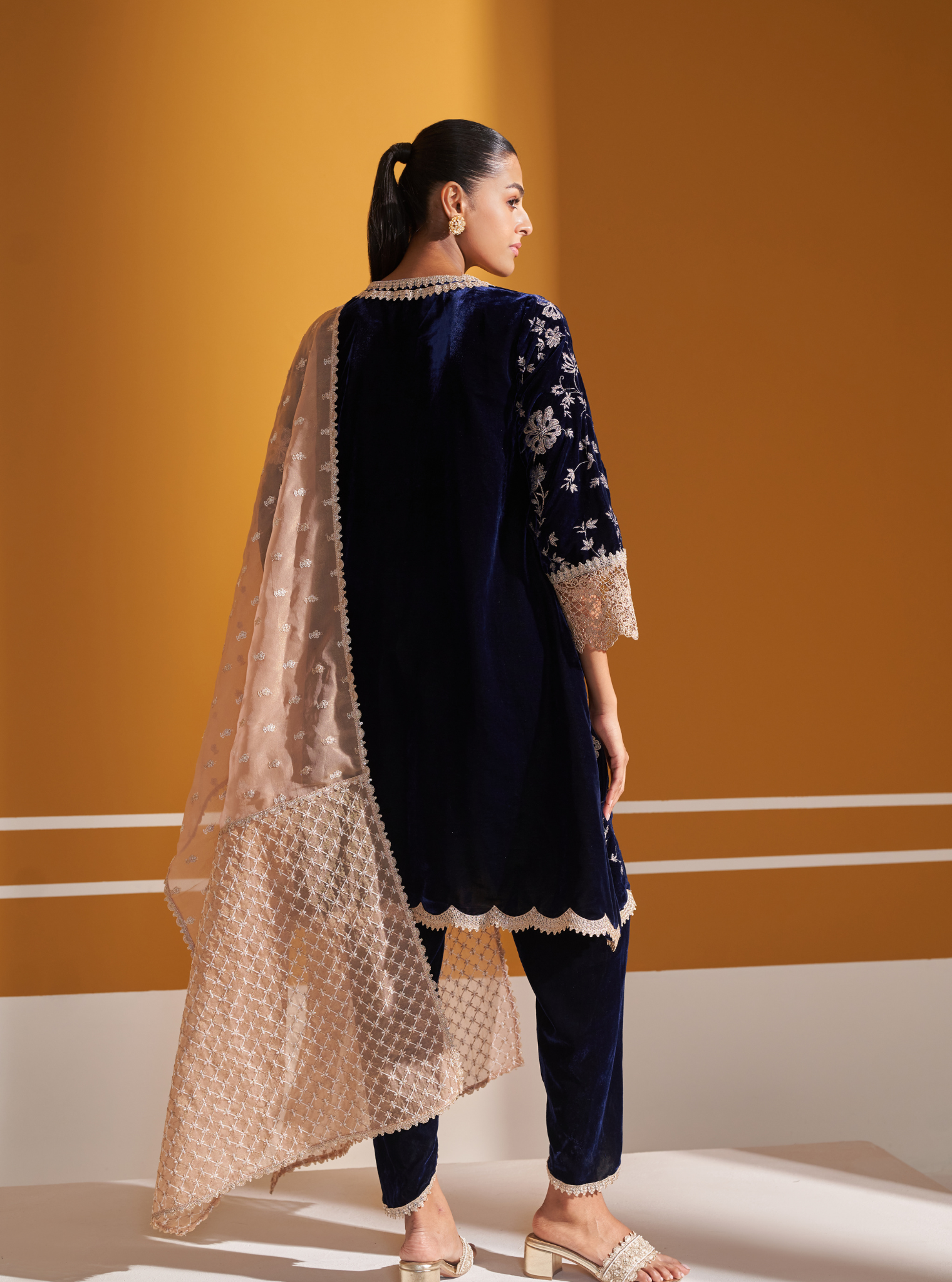 Mulmul Velvet Imani Navy Kurta With Mulmul Velevt Imani Navy Dhoti Pant