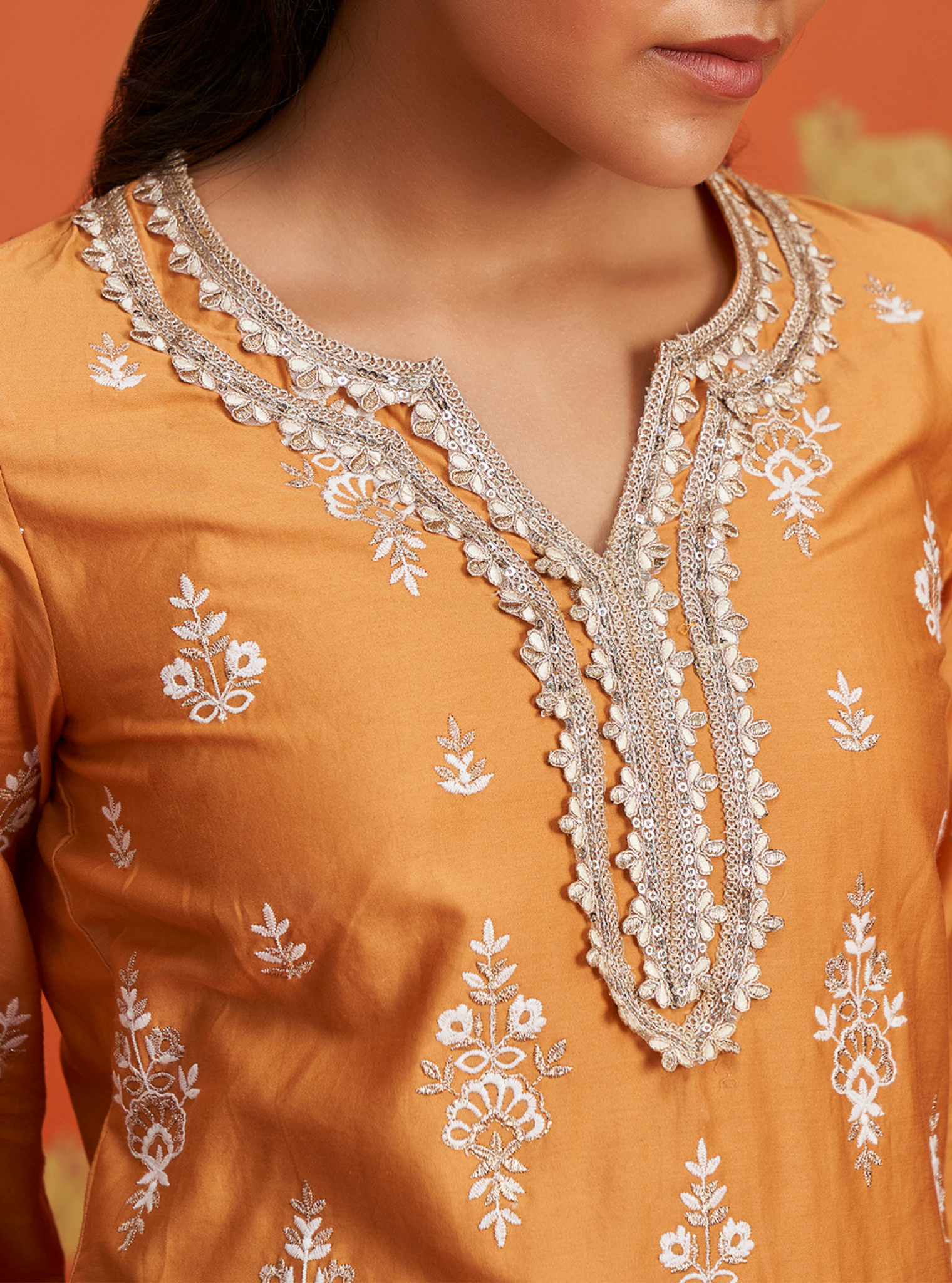 Mulmul Pima Satin Aree Orange Kurta With Mulmul Pima Satin Aree Orange Garara