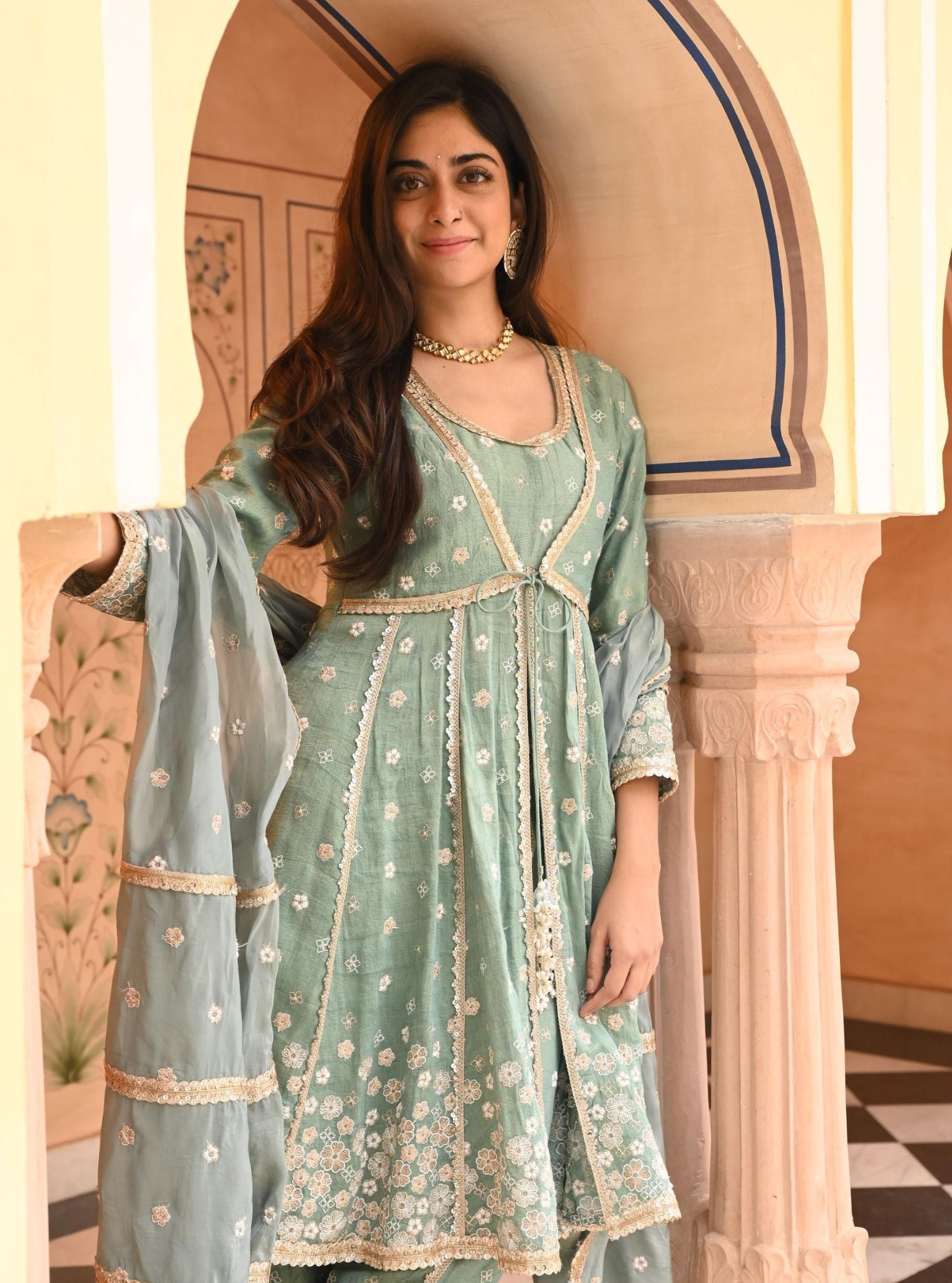 Mulmul Tissue Satin Sajeya Teal Blue Anarkali Kurta with Mulmul Luxe Tissue Satin Sajeya Teal Blue Dhoti Pant