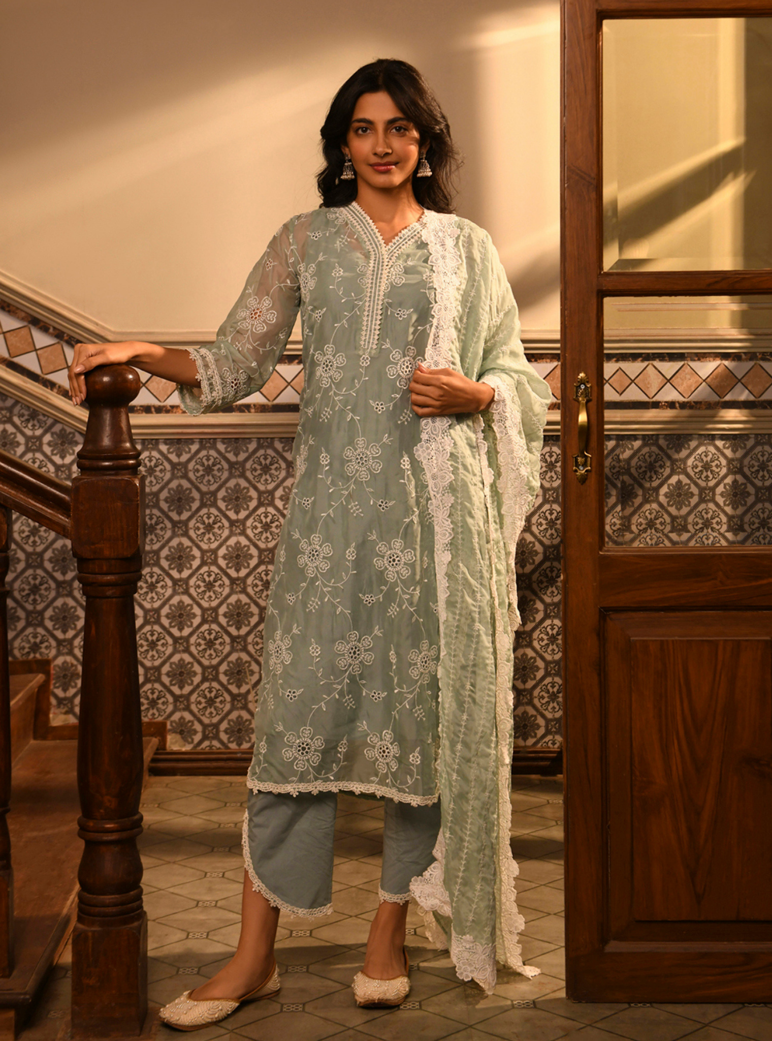 Mulmul Organza Nezira Teal Blue Kurta With Mulmul Cotton Nezira Teal Blue Pant