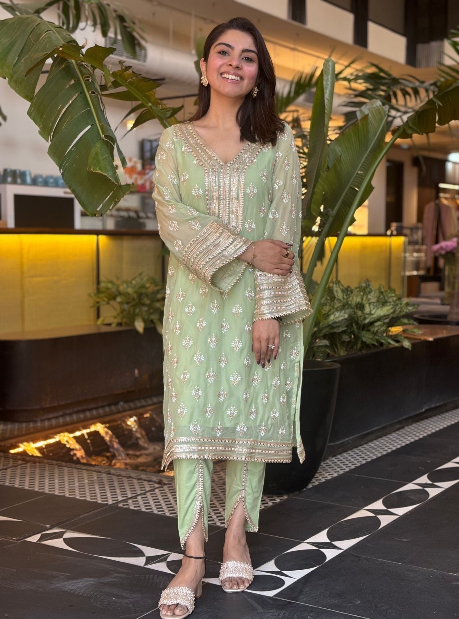 Mulmul Organza Nicia Green Kurta With Mulmul Cotton Nicia Green Dhoti Pant