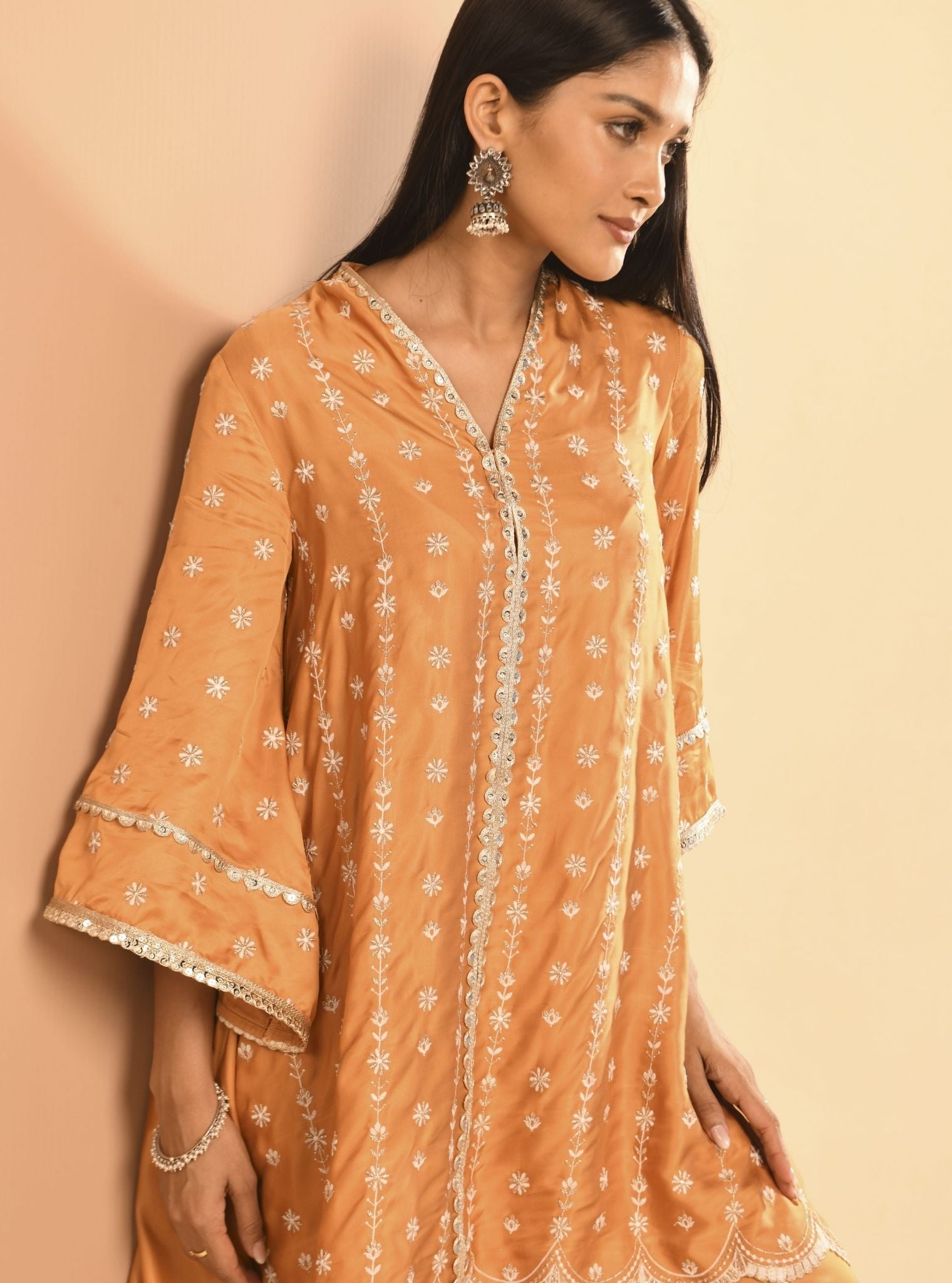 Mulmul Cupro Amara Orange Kurta With Mulmul Cupro Amara Orange Pant