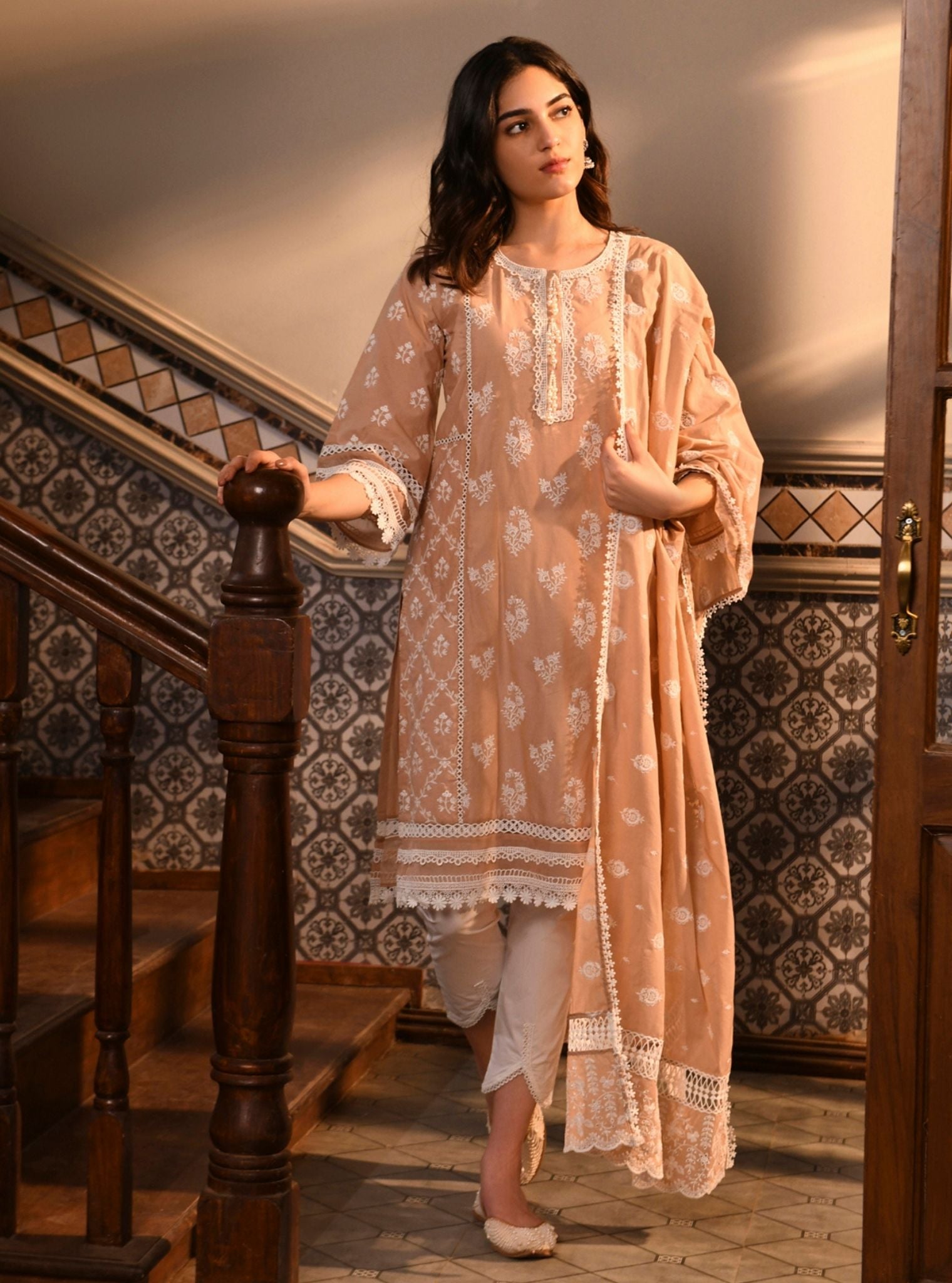 Mulmul Cotton Darya Beige Kurta With Mulmul Cotton Inverted V Hem White Pant