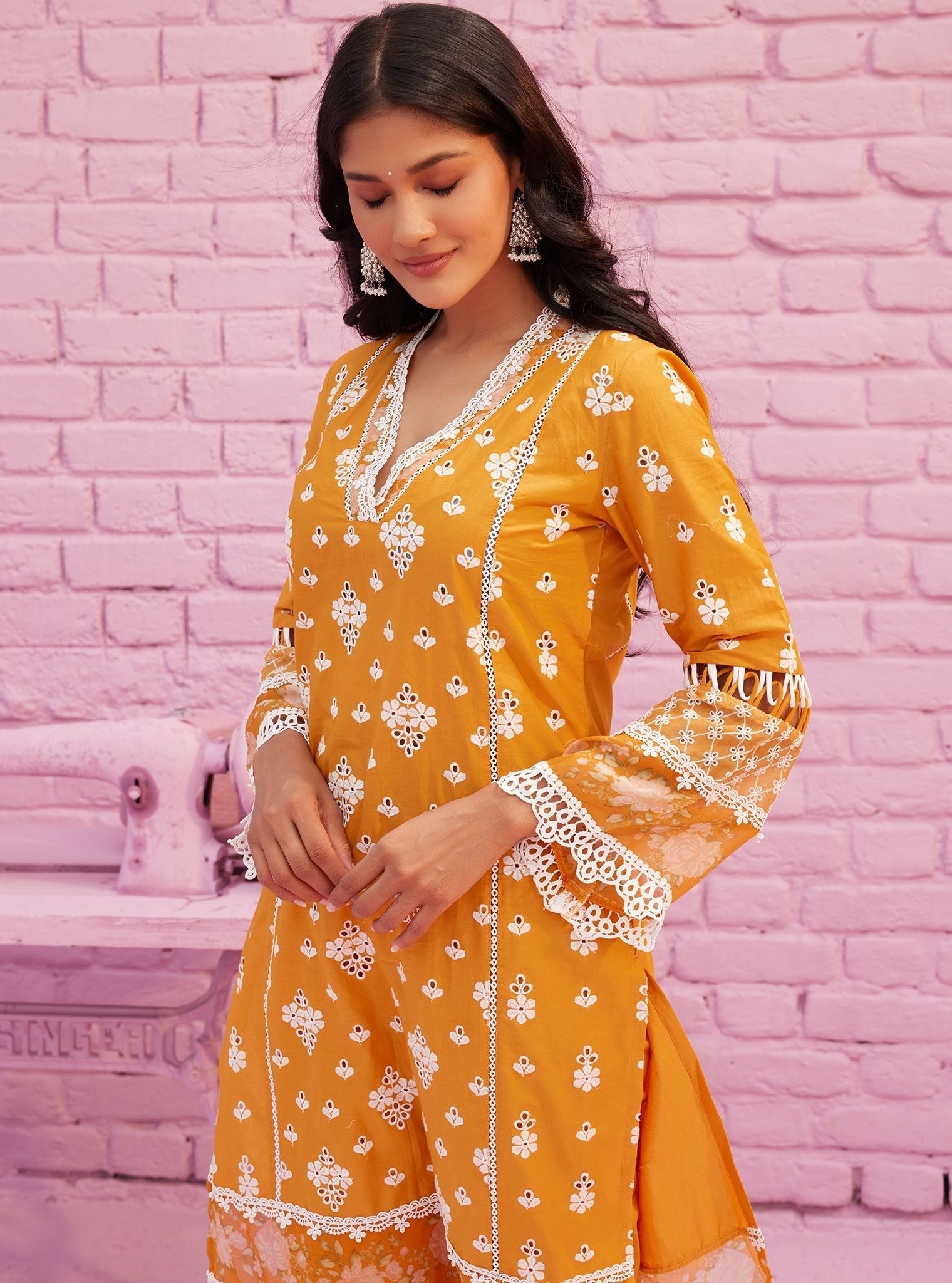 Mulmul Cotton Revaari Orange Kurta With Mulmul Cotton Revaari Orange Pant