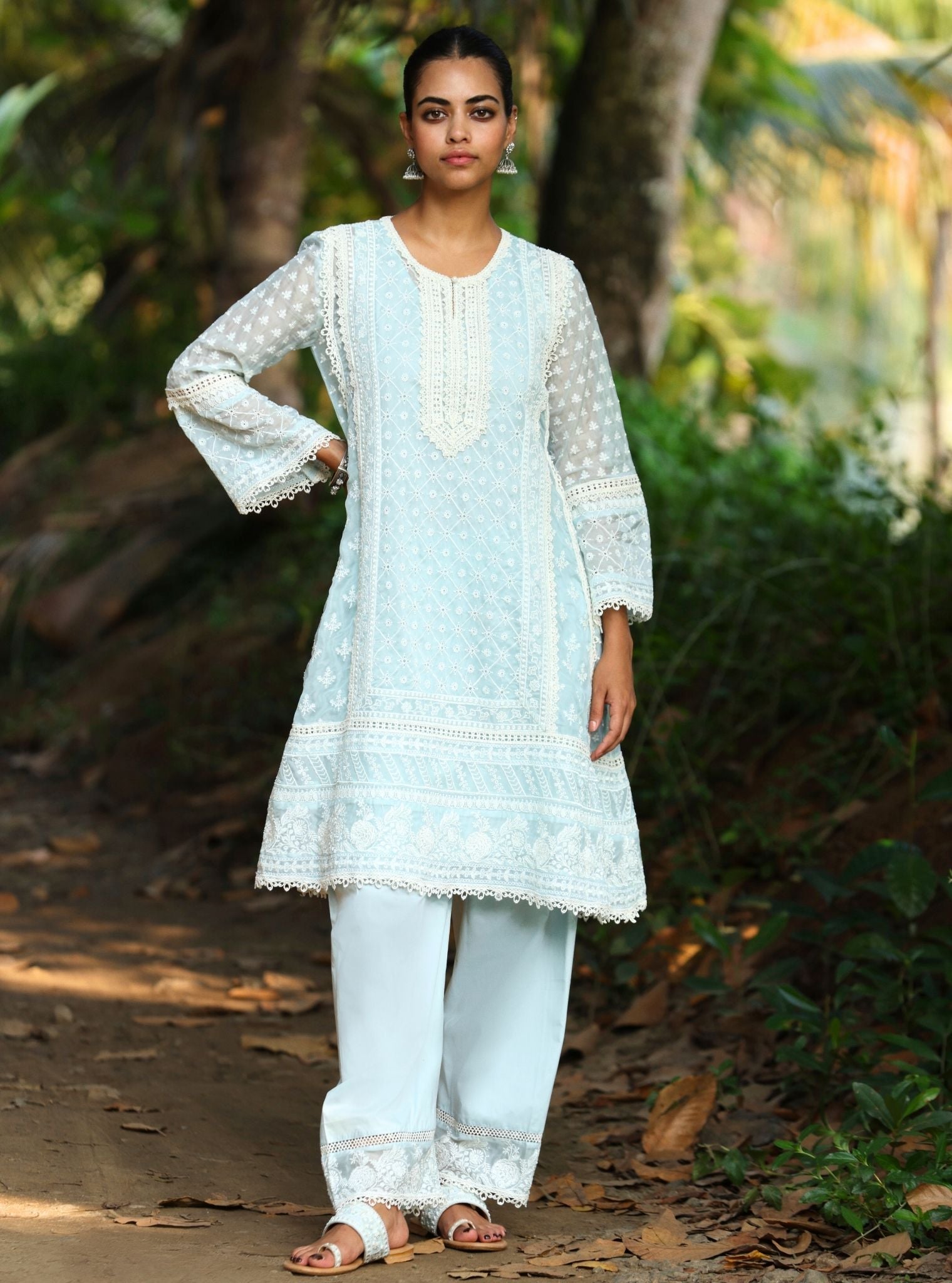 Mulmul Organza Sritha Blue Kurta With Mulmul Cotton Sritha Blue Pant