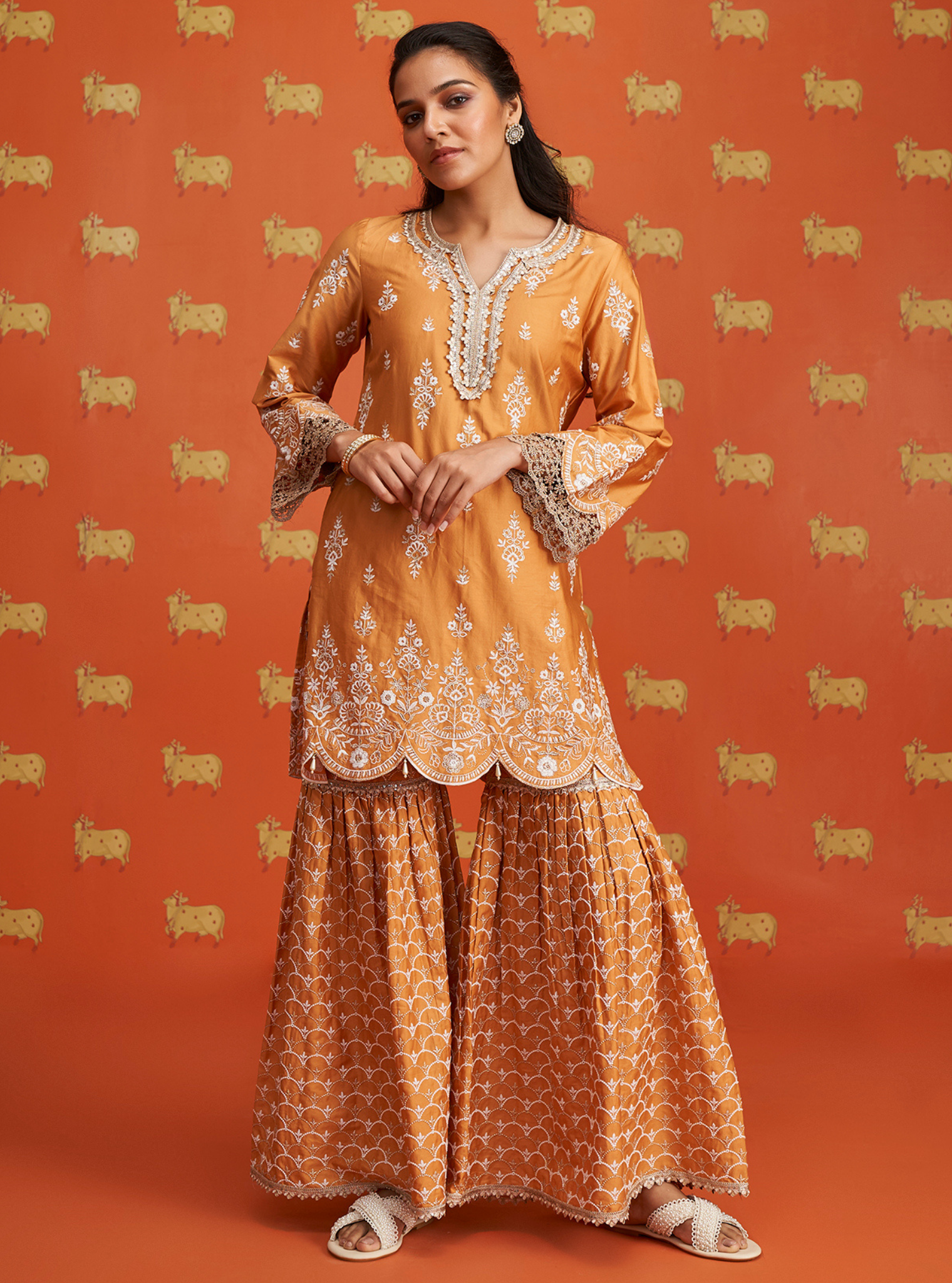 Mulmul Pima Satin Aree Orange Kurta With Mulmul Pima Satin Aree Orange Garara