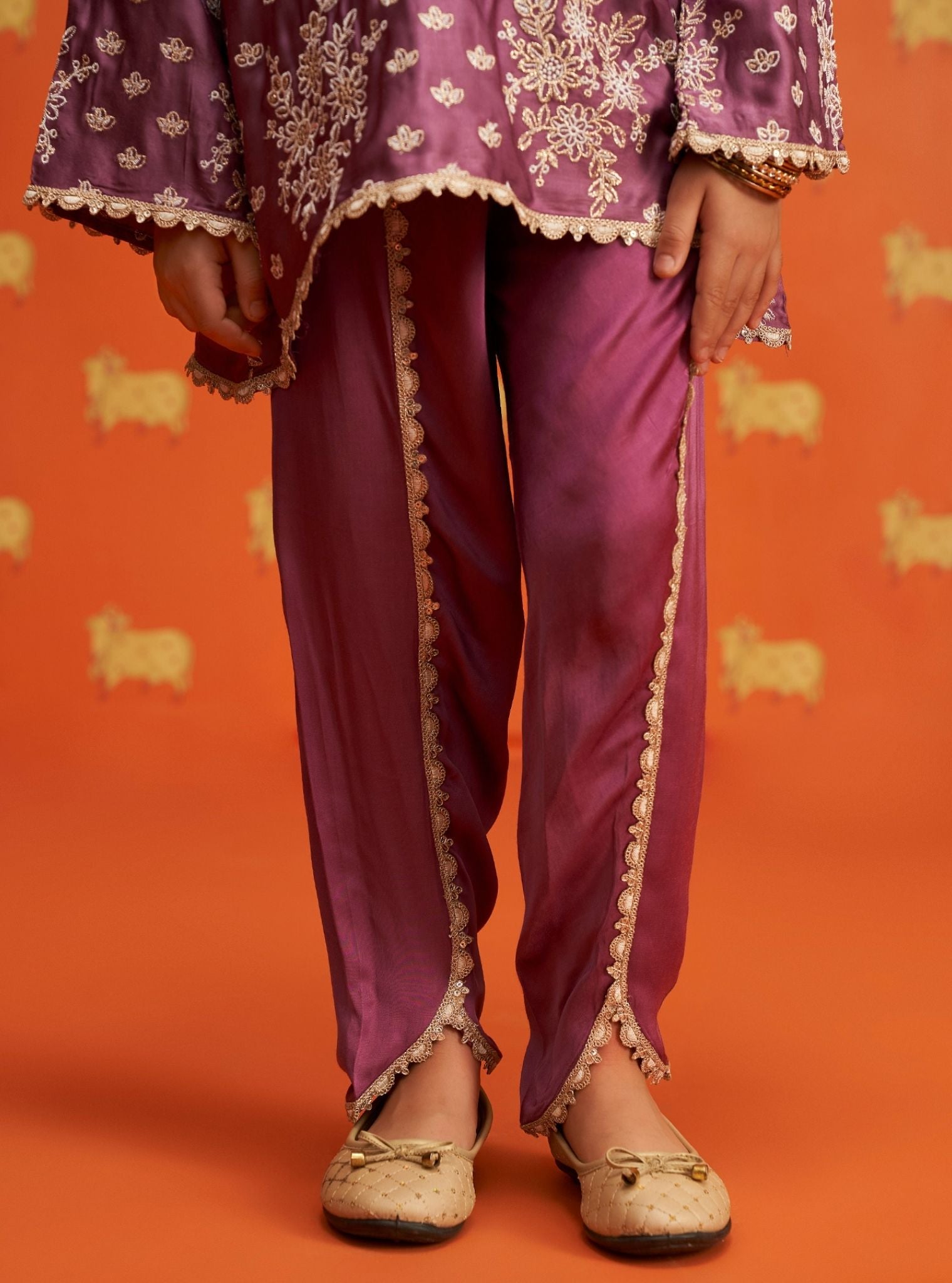 Mulmul Cupro Satin Adeola Purple Kurta With Mulmul Adeola Purple Dhoti Pant