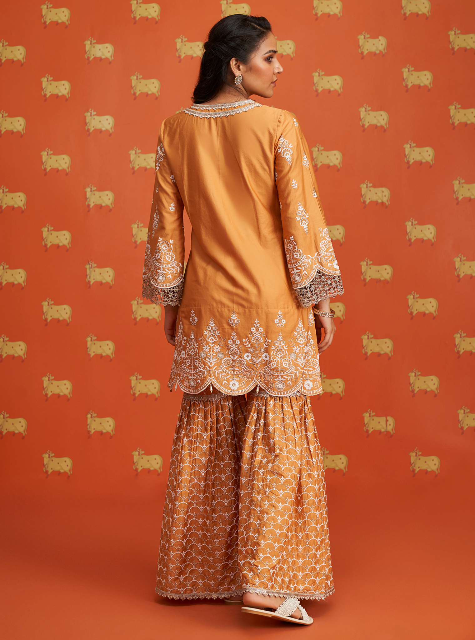 Mulmul Pima Satin Aree Orange Kurta With Mulmul Pima Satin Aree Orange Garara