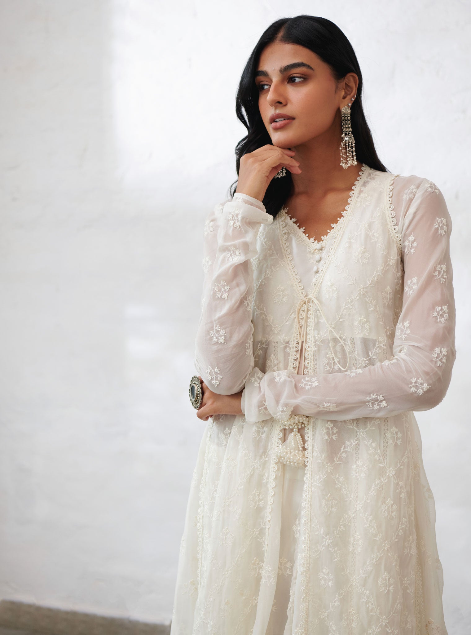 Mulmul Organza Essex Off White Anarkali Kurta with Organza Jacket With Cotton Essex Off White Pant