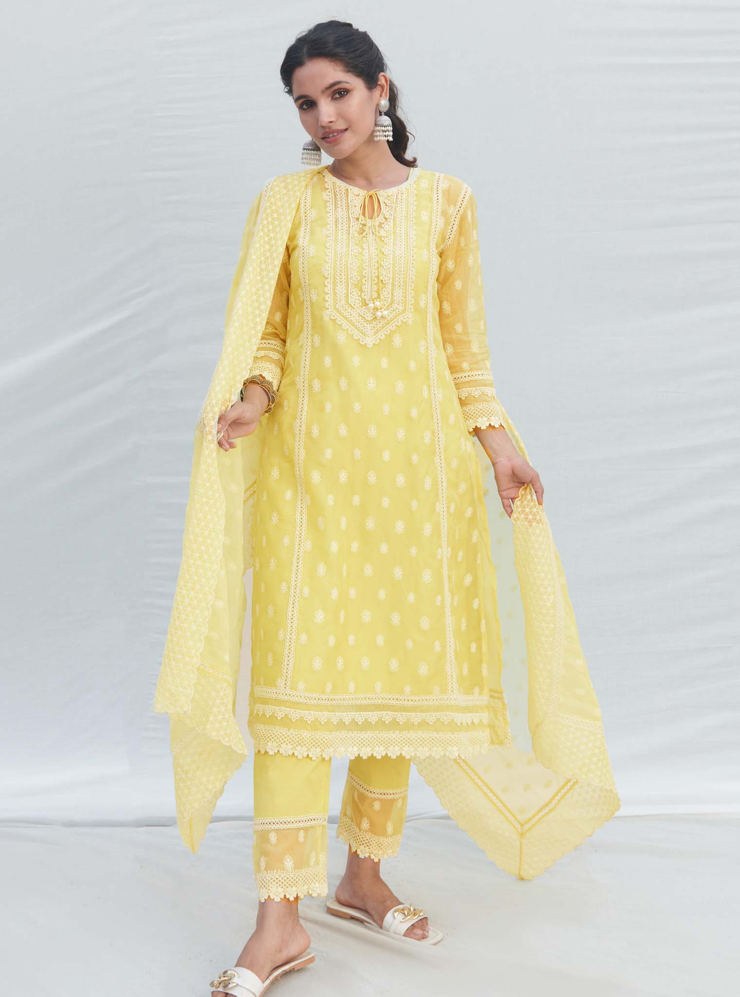 Mulmul Organza Jankia Yellow Kurta With Mulmul Cotton Jankia Yellow pant