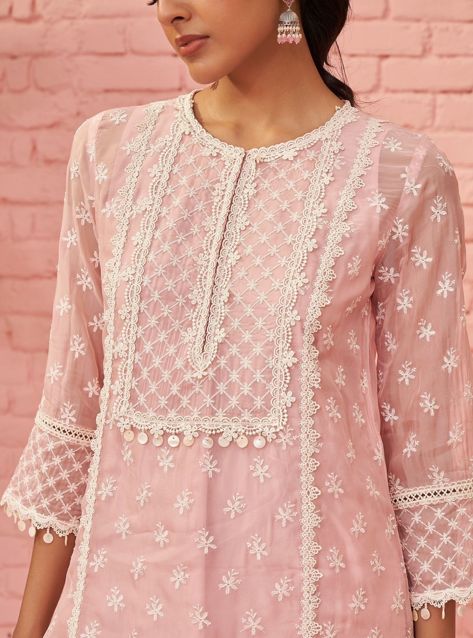 Mulmul Organza Raaga Pink Kurta With Mulmul Organza Raaga Pink Pant