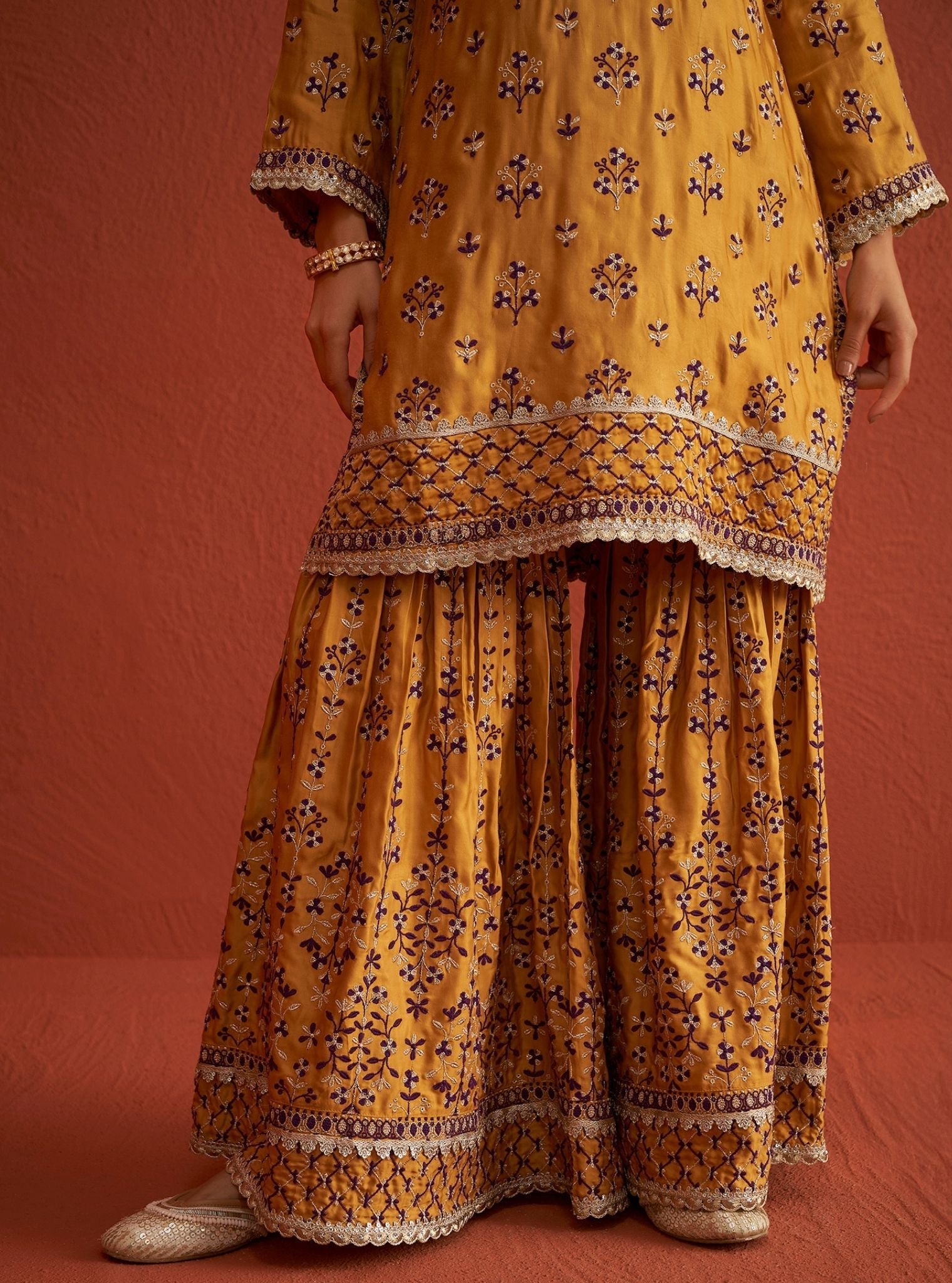 Mulmul Bemberg Satin Mahiya Mustard Kurta With Mulmul Bemberg Satin Mahiya Mustard Garara