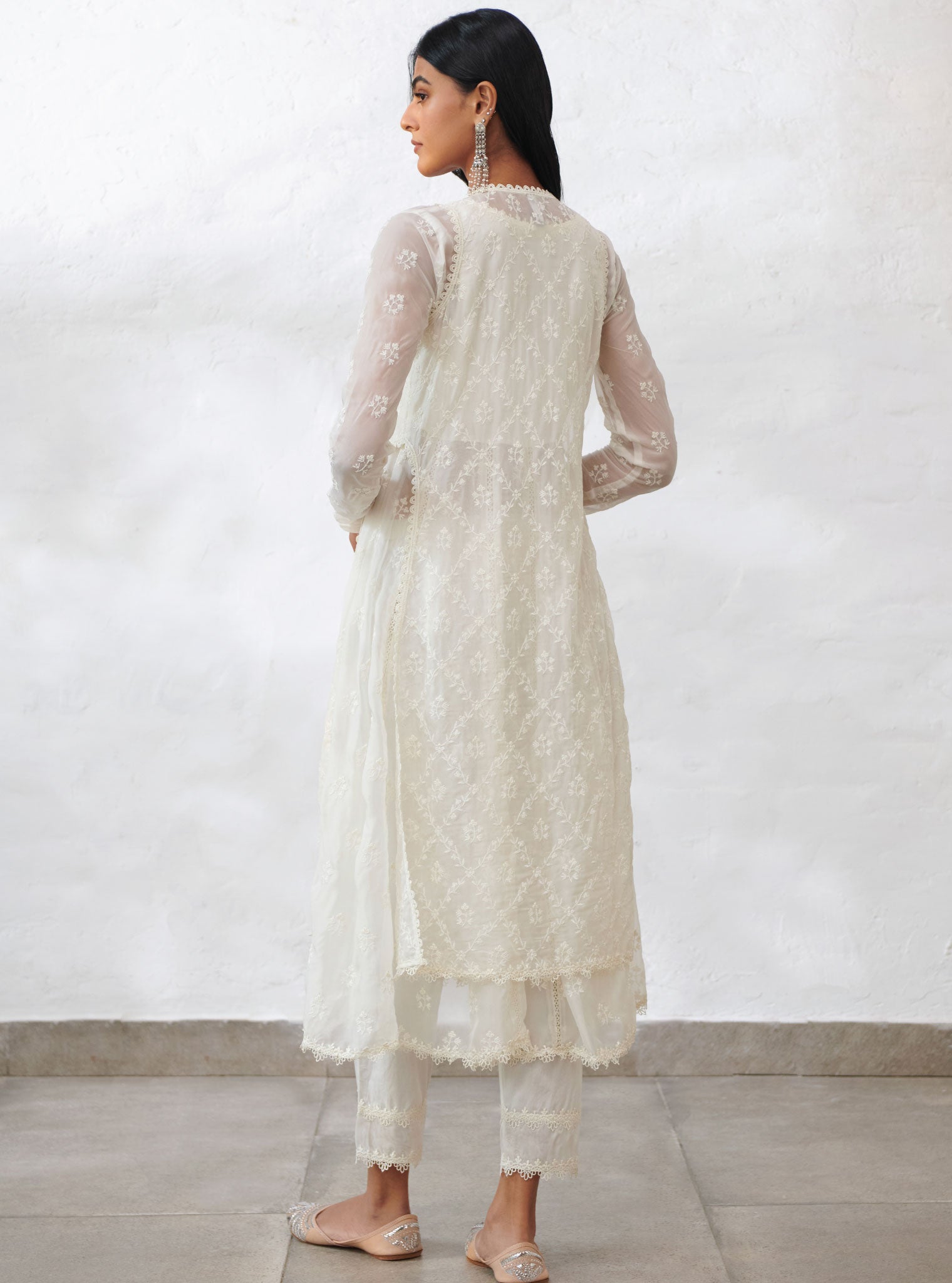 Mulmul Organza Essex Off White Anarkali Kurta with Organza Jacket With Cotton Essex Off White Pant