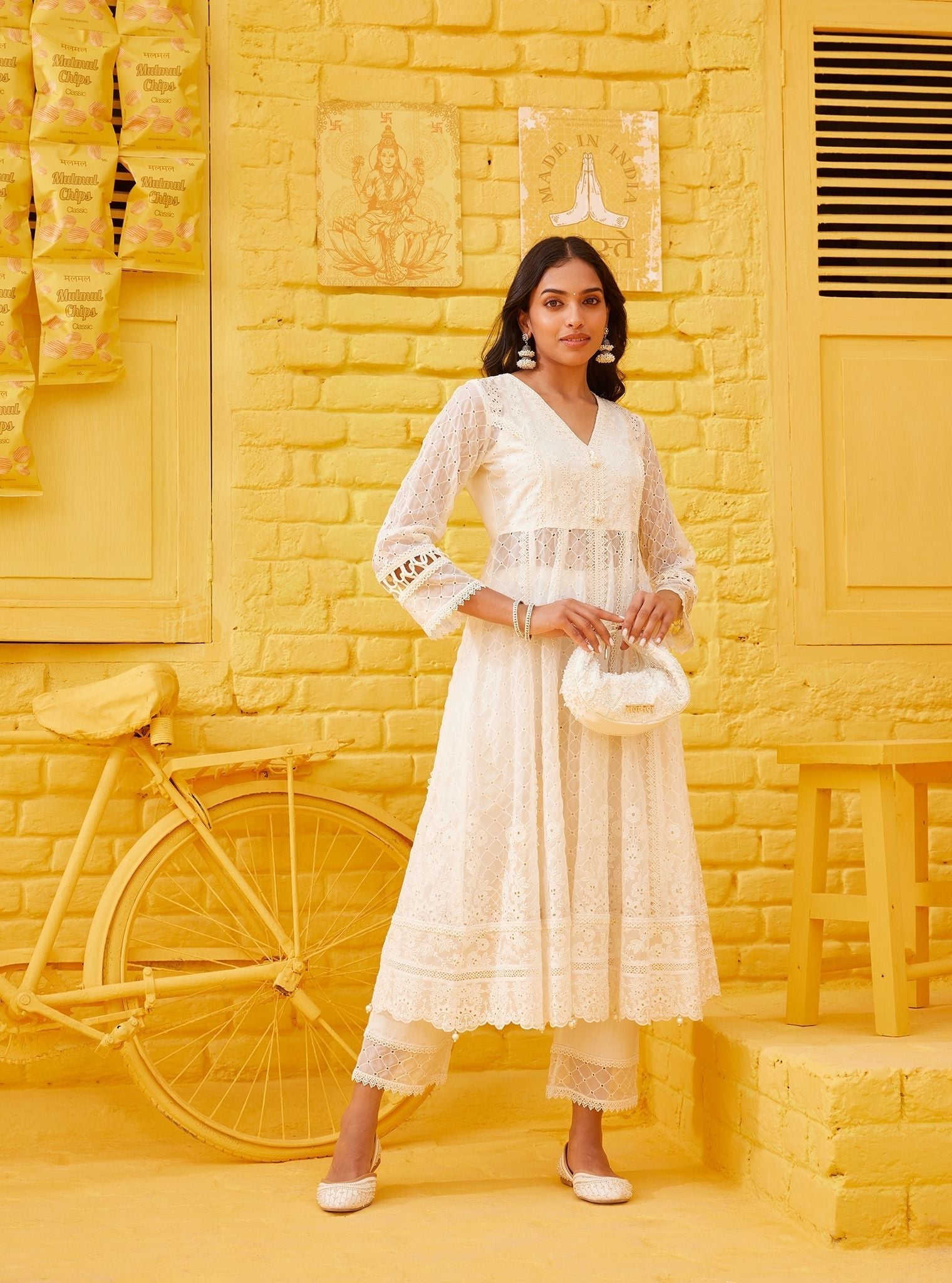 Mulmul Organza Ilaa Off White Anarkali Kurta With Mulmul Cotton Ilaa Off White Pant