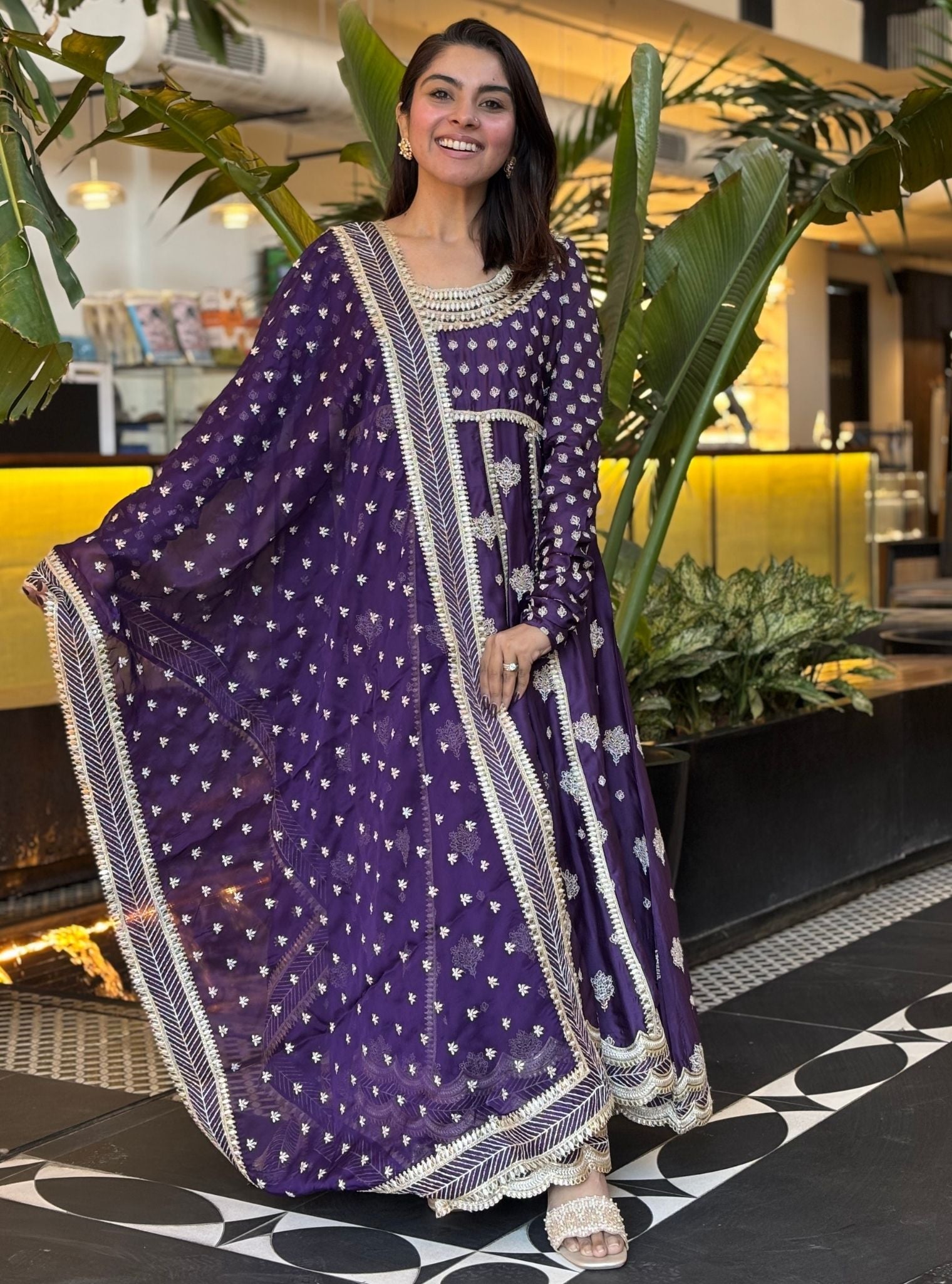 Mulmul Organza Satin Palki Purple Kurta With Mulmul Organza Satin Palki Purple Pant