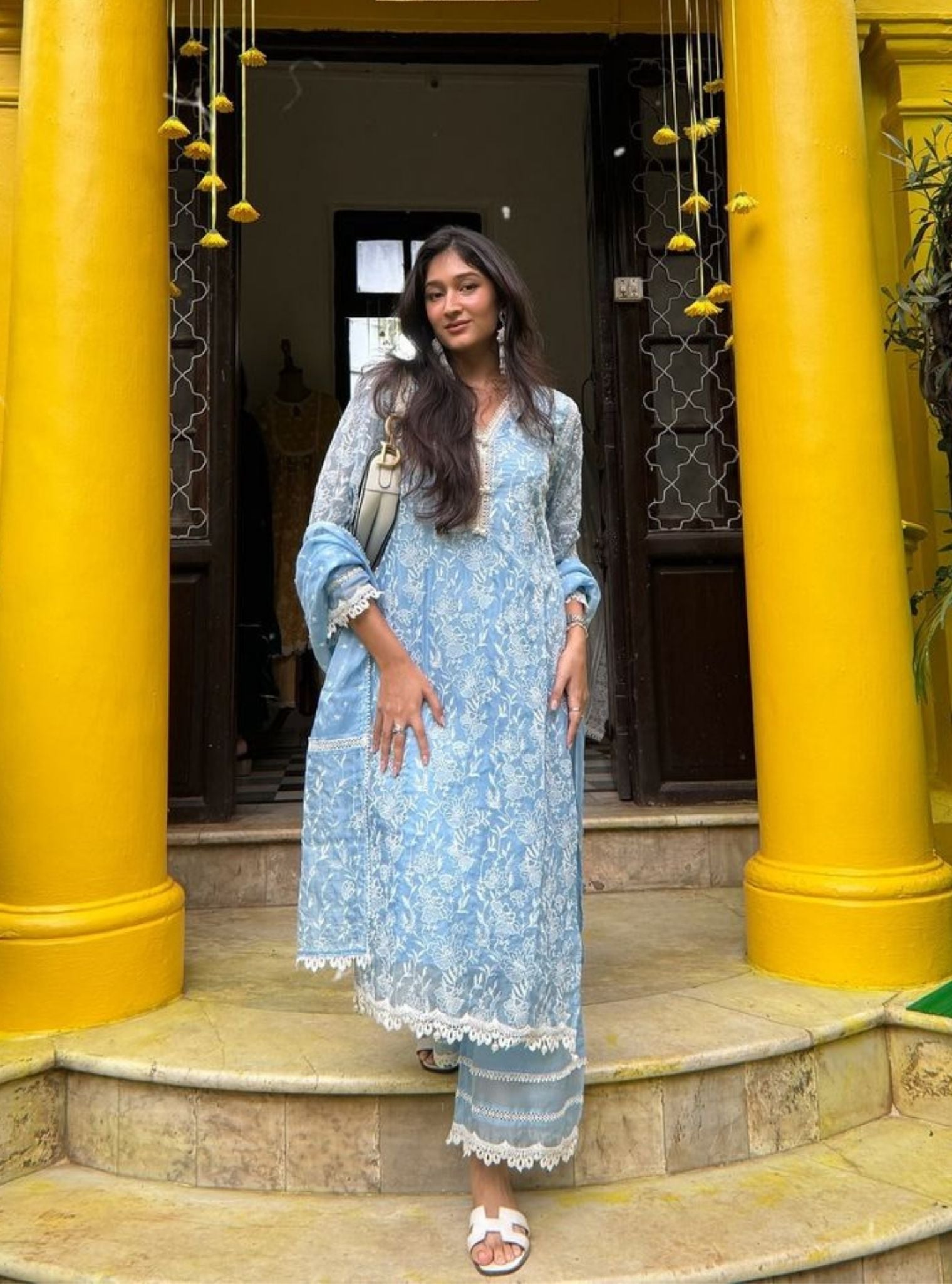 Mulmul Organza Cahya Light Blue Kurta With Mulmul Cotton Cahya Light Blue Pant