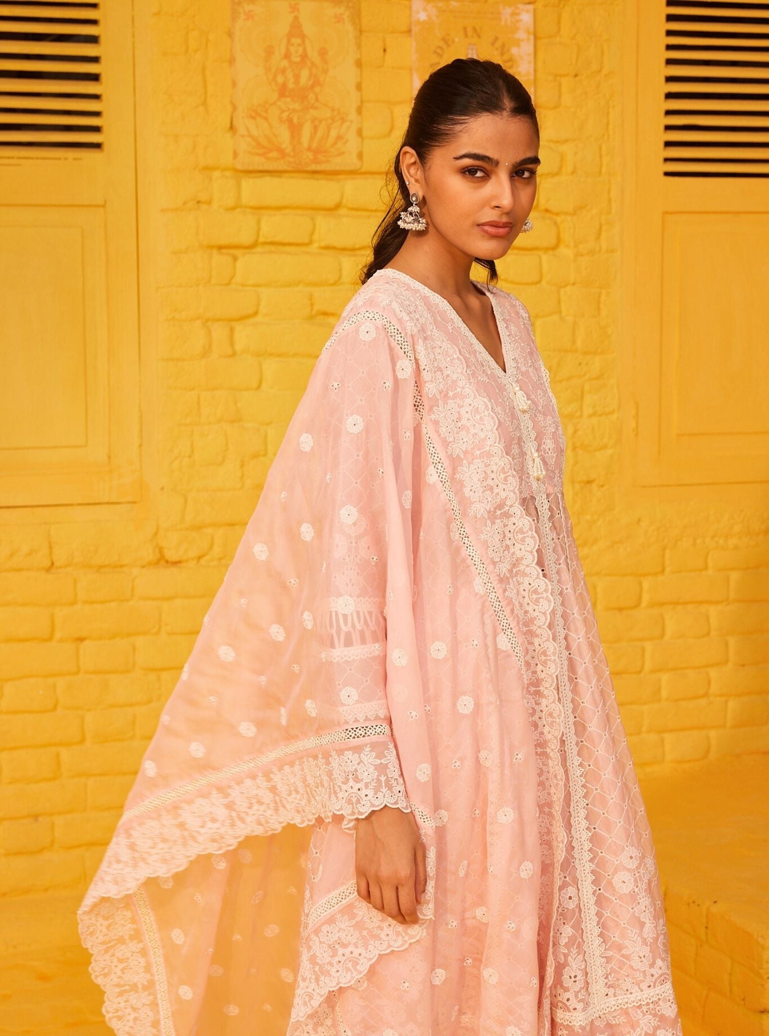 Mulmul Organza Ilaa Pink Anarkali Kurta With Mulmul Cotton Ilaa Pink Pant