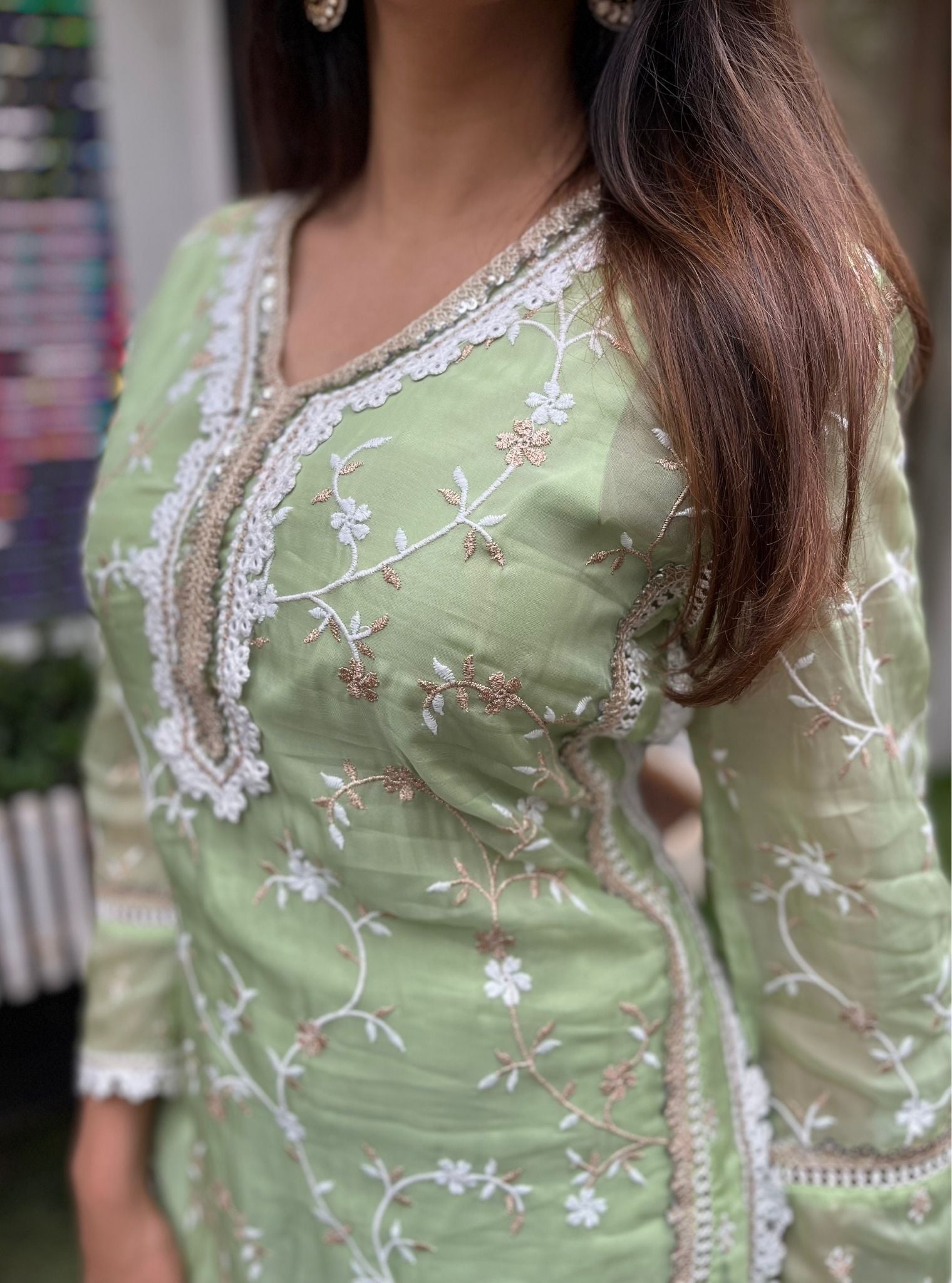 Mulmul Organza Bessie Green Kurta With Mulmul Silk Bessie Green Garara