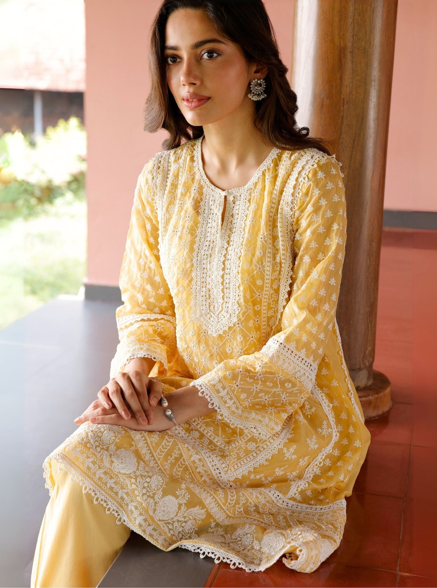 Mulmul Organza Sritha Yellow Kurta With Mulmul Cotton Sritha Yellow Pant