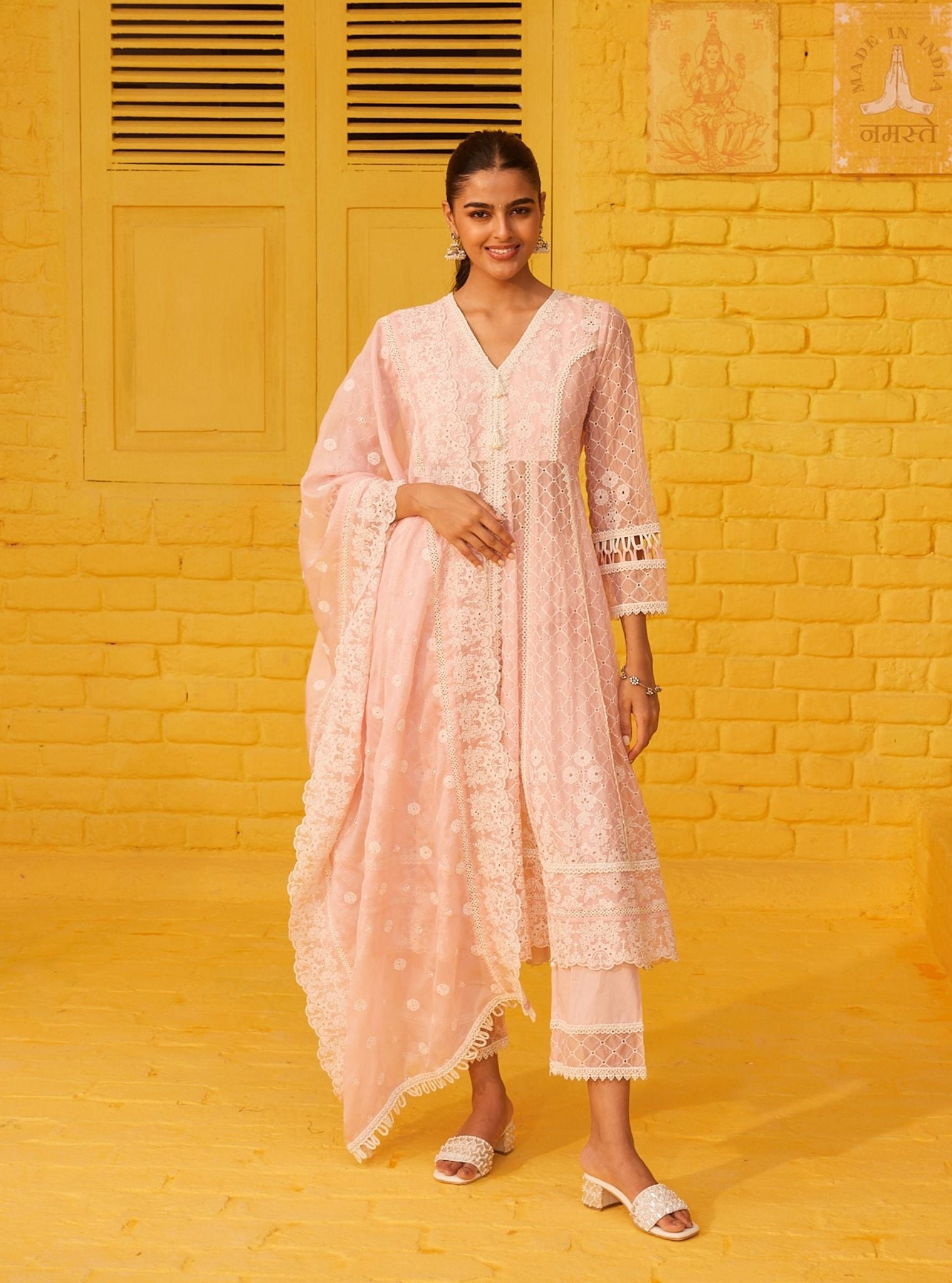 Mulmul Organza Ilaa Pink Anarkali Kurta With Mulmul Cotton Ilaa Pink Pant