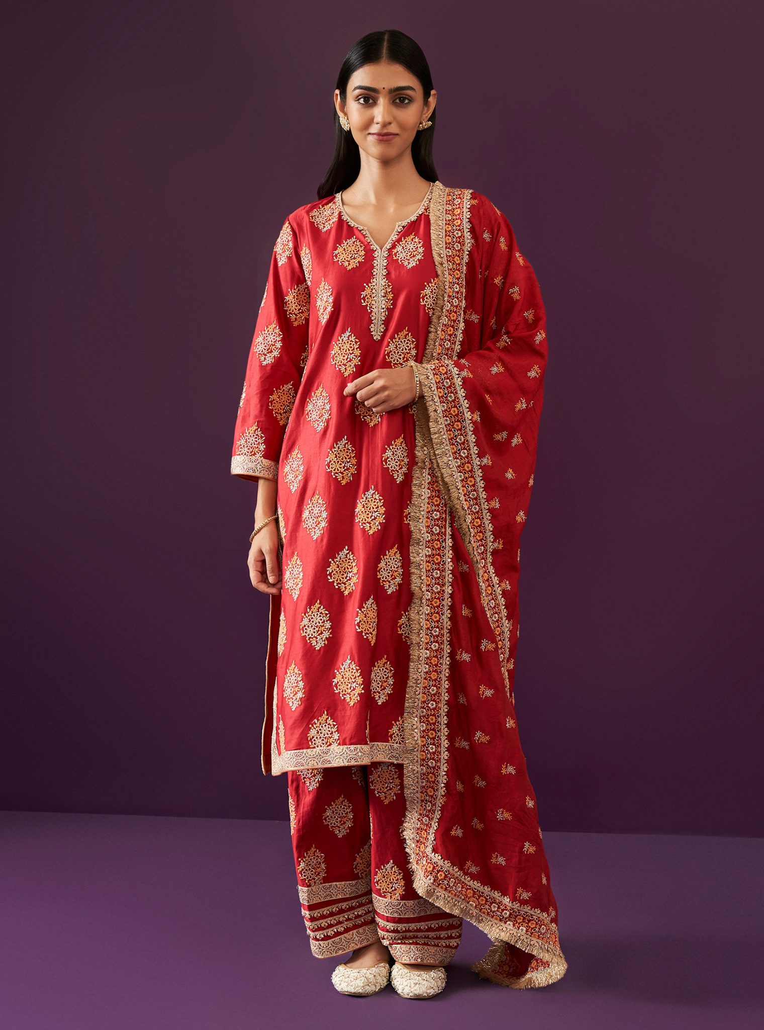 Mulmul Pima Satin Calita Red Kurta With Mulmul Pima Satin Calita Red Pant