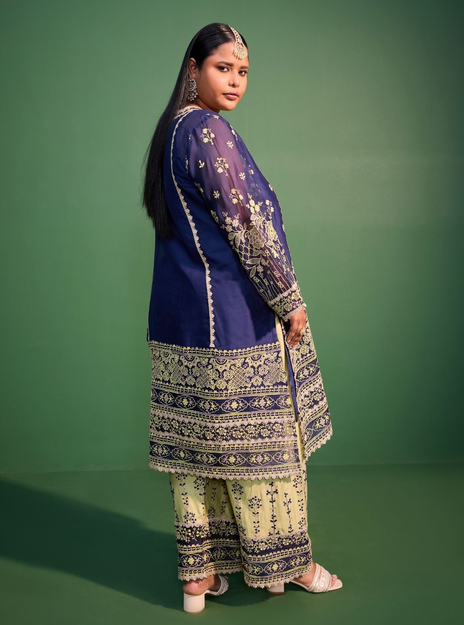 Mulmul Organza Kali Navy Kurta With Mulmul Pima Satin Kali Navy Pant