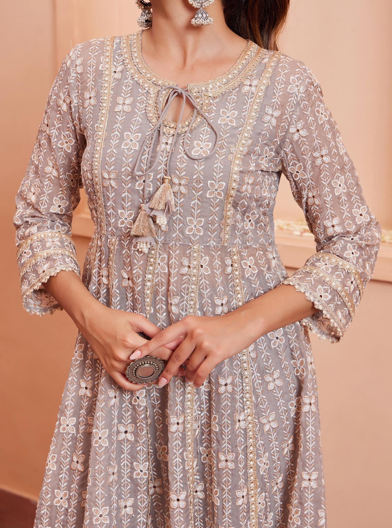 Mulmul Organza Arka Anarkali Grey Kurta with Mulmul Pima Arka Grey Pant