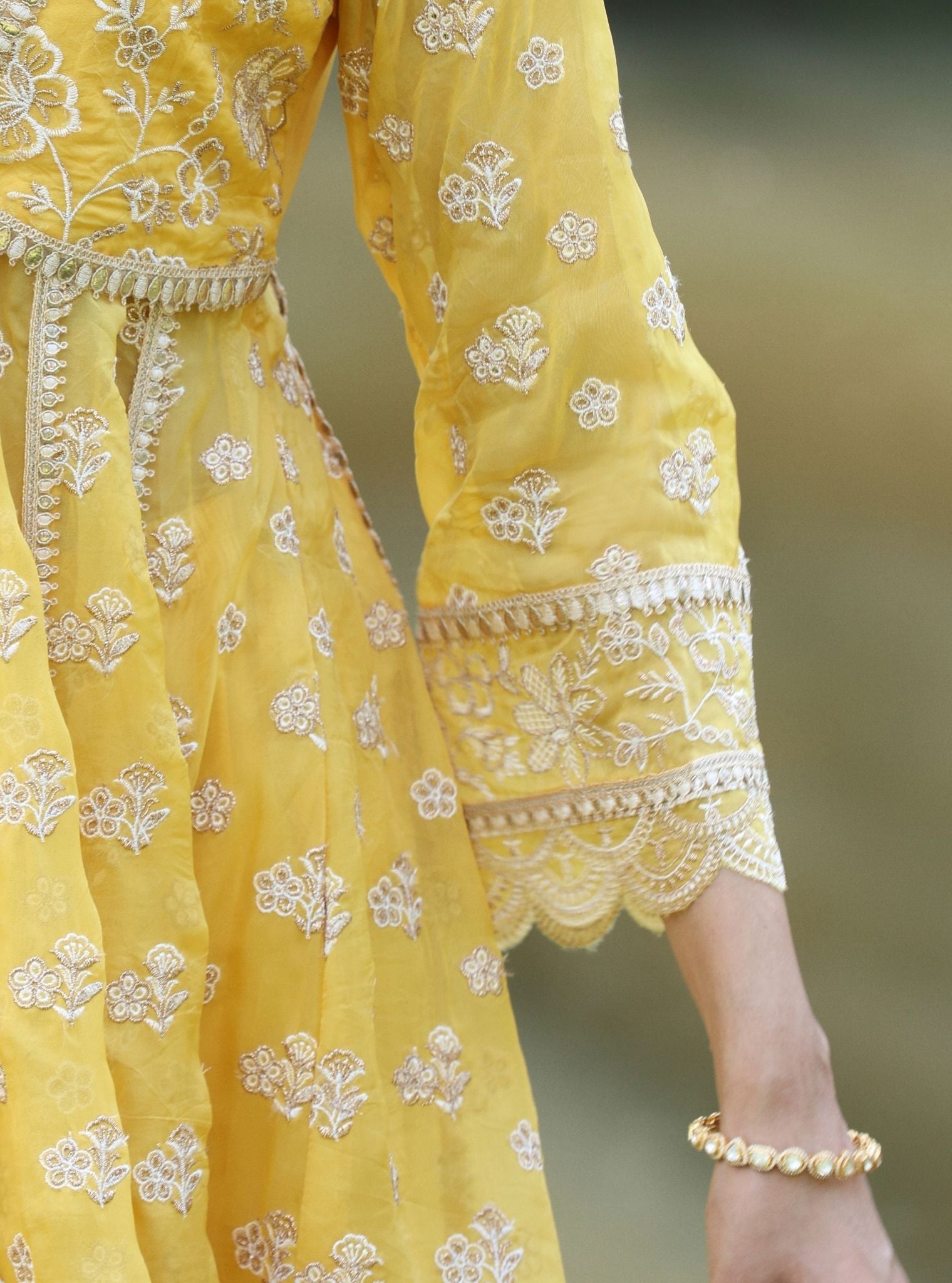 Mulmul Organza Gaatha Yellow Short Anarkali Kurta With Mulmul Pima Satin Gaatha Yellow Dhoti Pant