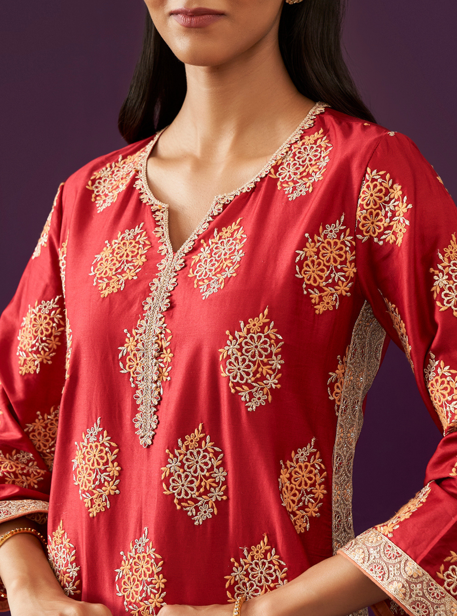 Mulmul Pima Satin Calita Red Kurta With Mulmul Pima Satin Calita Red Pant