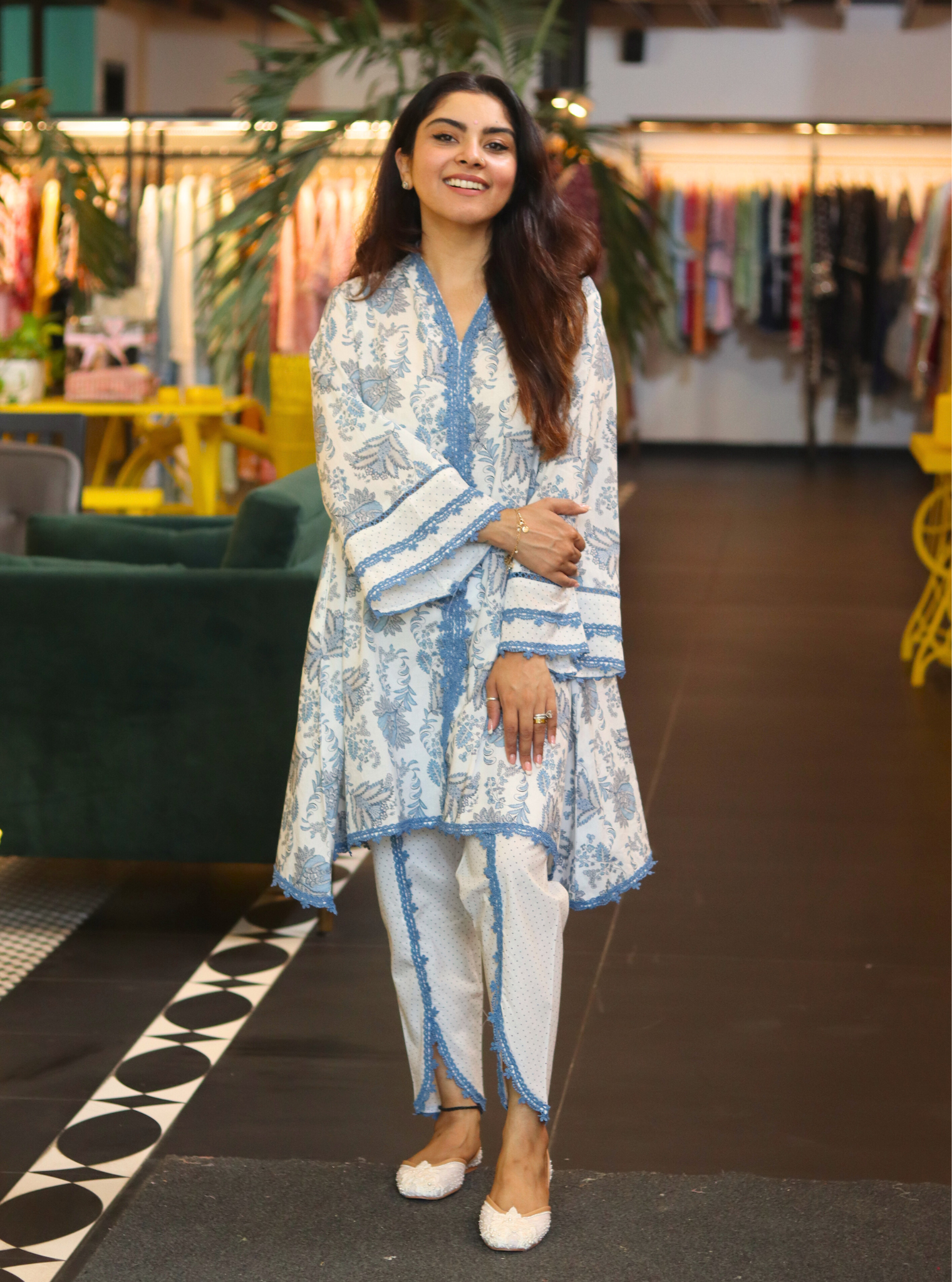 Mulmul Chintz Azura Blue Kurta With Mulmul Chintz Azura Blue Dhoti