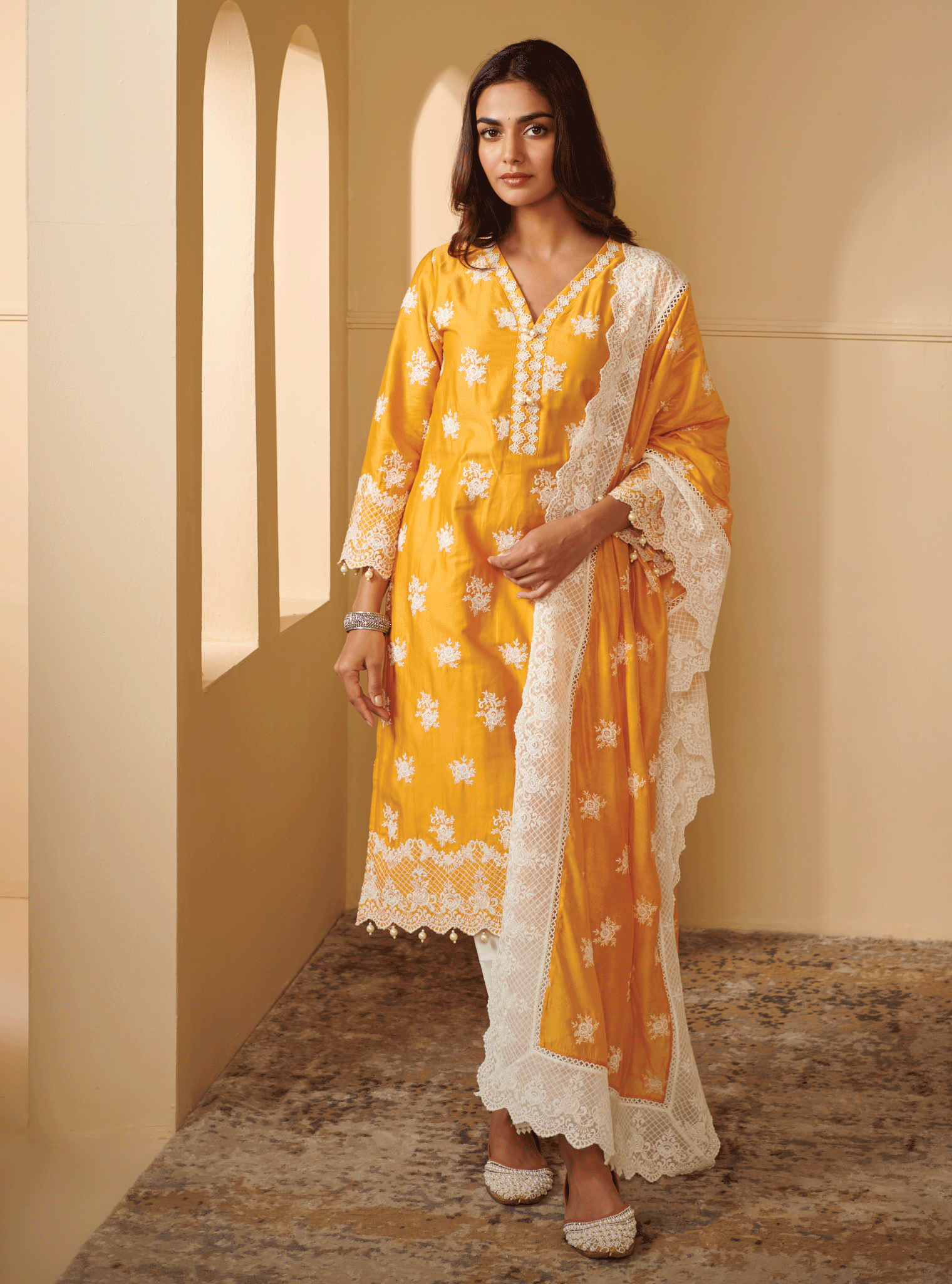 Mulmul Pima Satin Penna Yellow Kurta With Mulmul Cotton New Pintuck White Pant