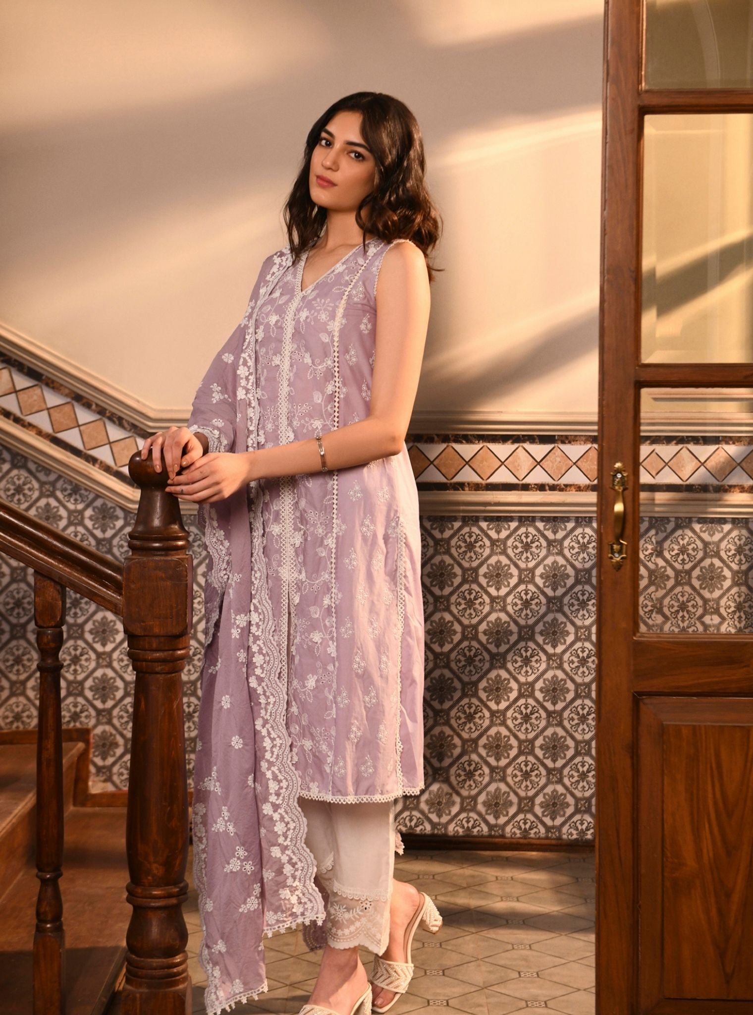 Mulmul Cotton Ensi Lilac Kurta