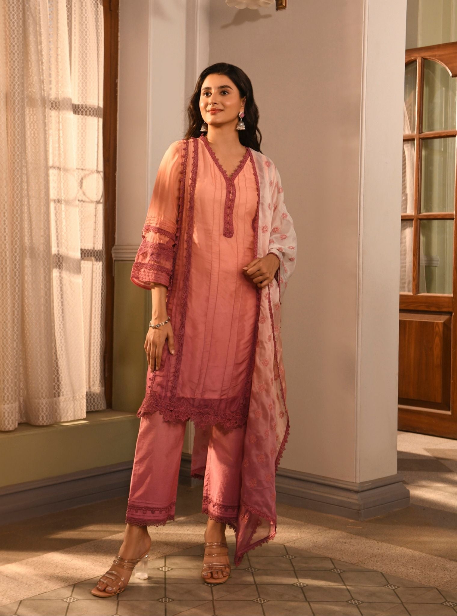 Mulmul Organza Vaya Pink Kurta With Mulmul Cotton Vaya Pink Pant