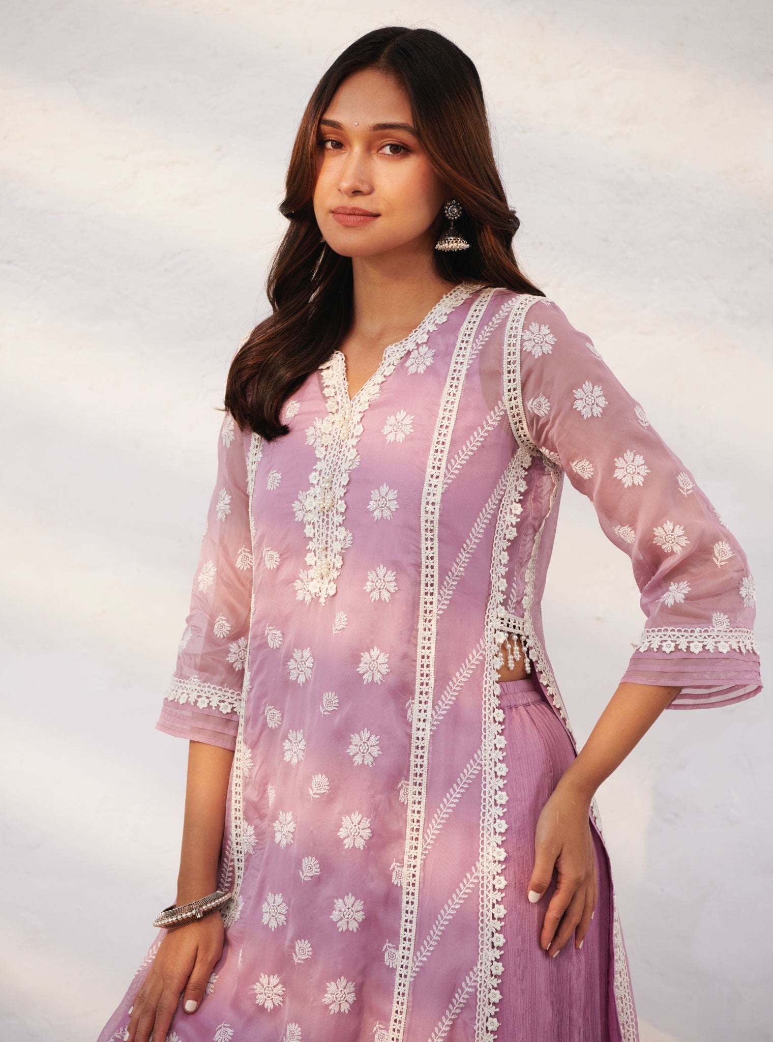 Mulmul Organza Armagh Lilac Kurta With Chiffon Armagh Lilac Sharara