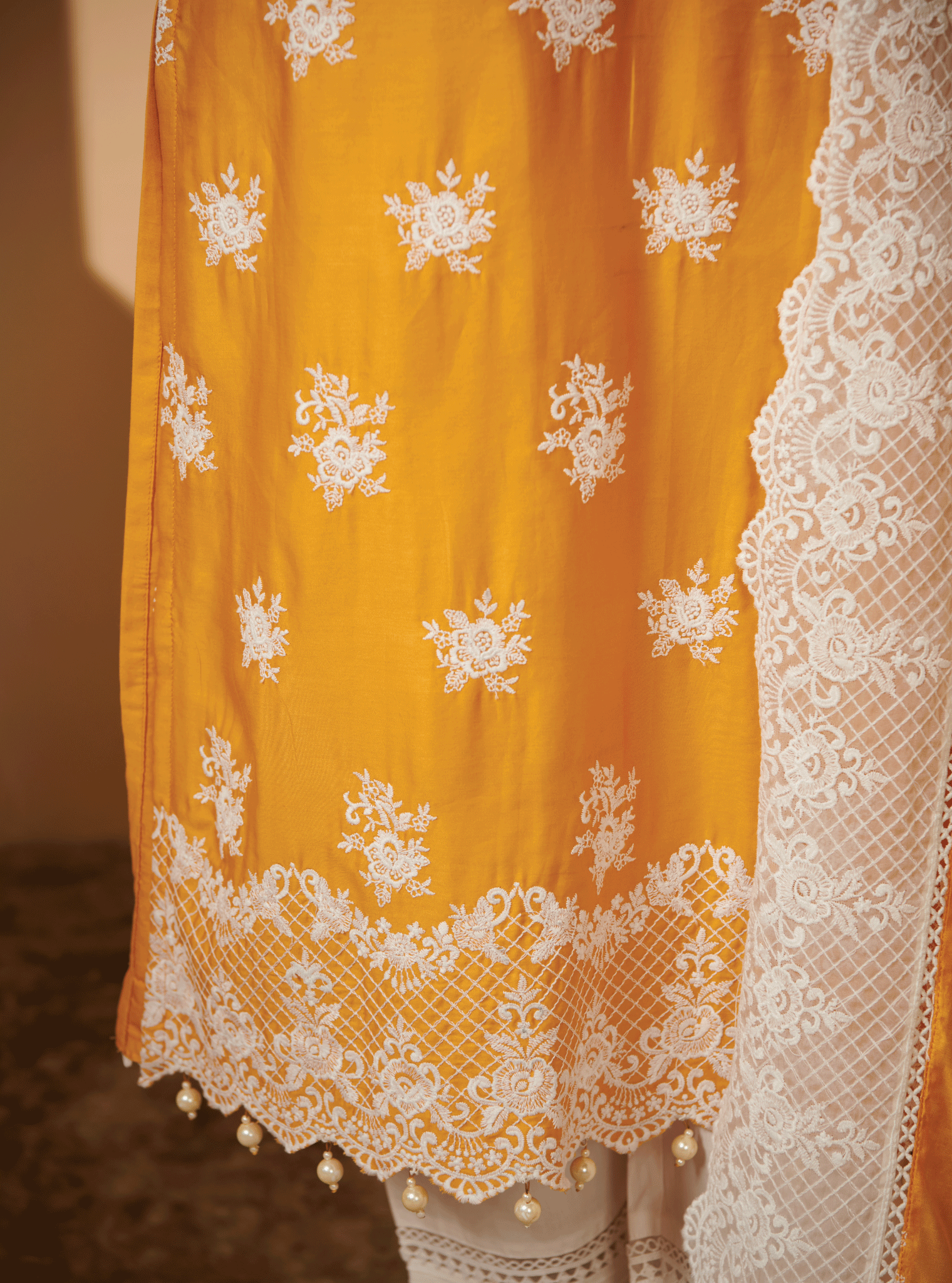 Mulmul Pima Satin Penna Yellow Kurta With Mulmul Cotton New Pintuck White Pant