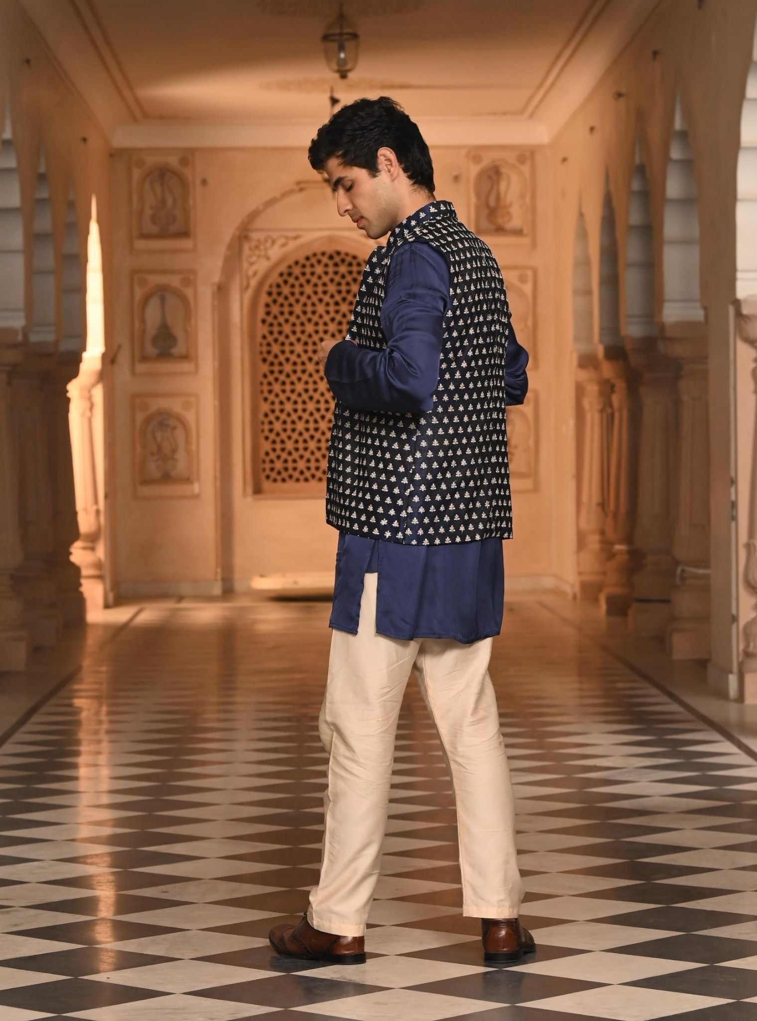 Mulmul Organza Satin Shyam with jacket Navy Men Kurta with Mulmul Pima Satin Shava Off White Pyajama