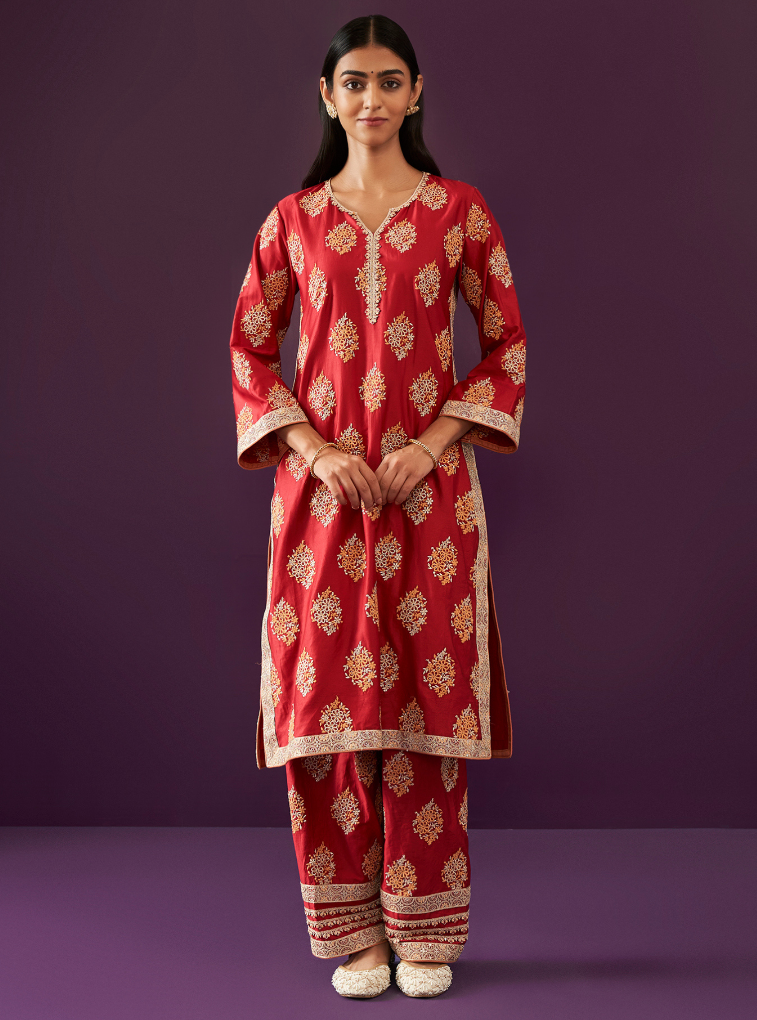 Mulmul Pima Satin Calita Red Kurta With Mulmul Pima Satin Calita Red Pant