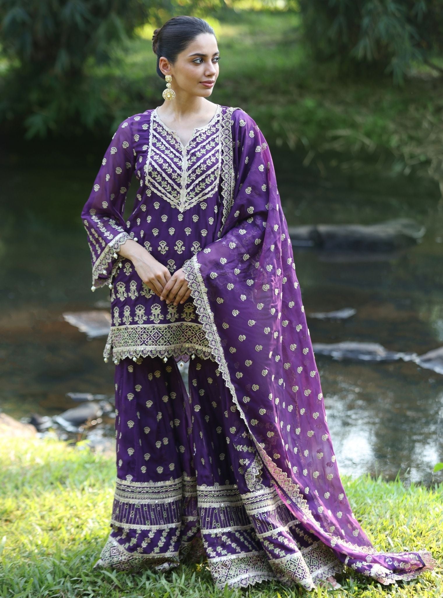 Mulmul Organza Kahani Purple Kurta With Mulmul Organza Kahani Purple Sharara