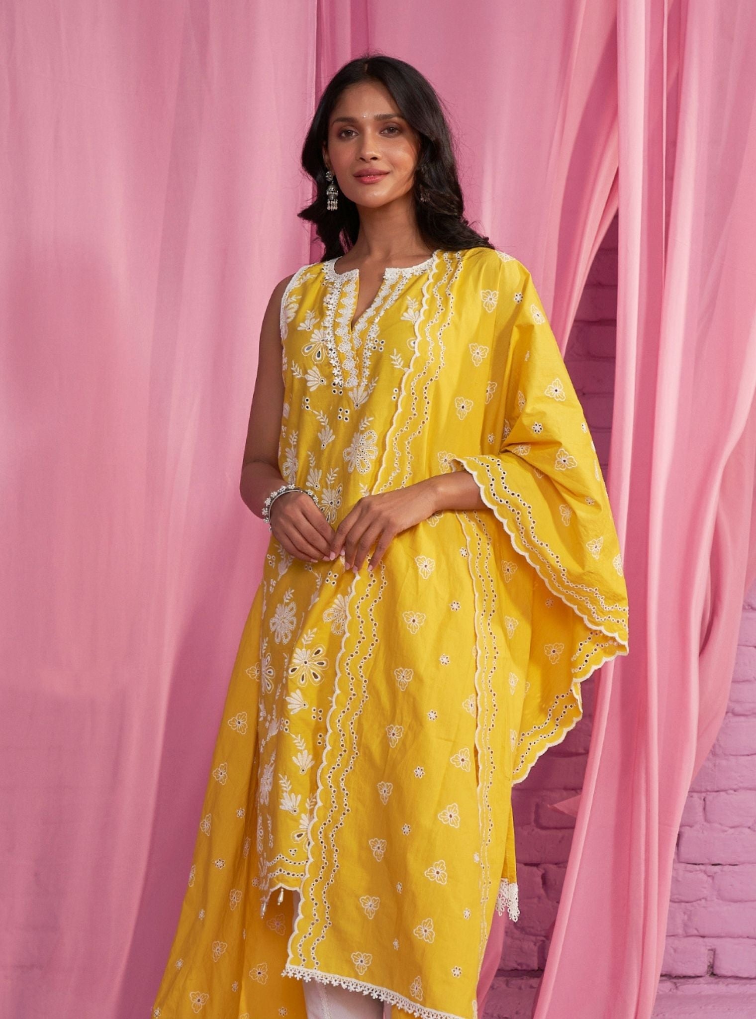 Mulmul Cotton Neel Yellow Kurta With Mulmul Cotton Aashvi White Pant