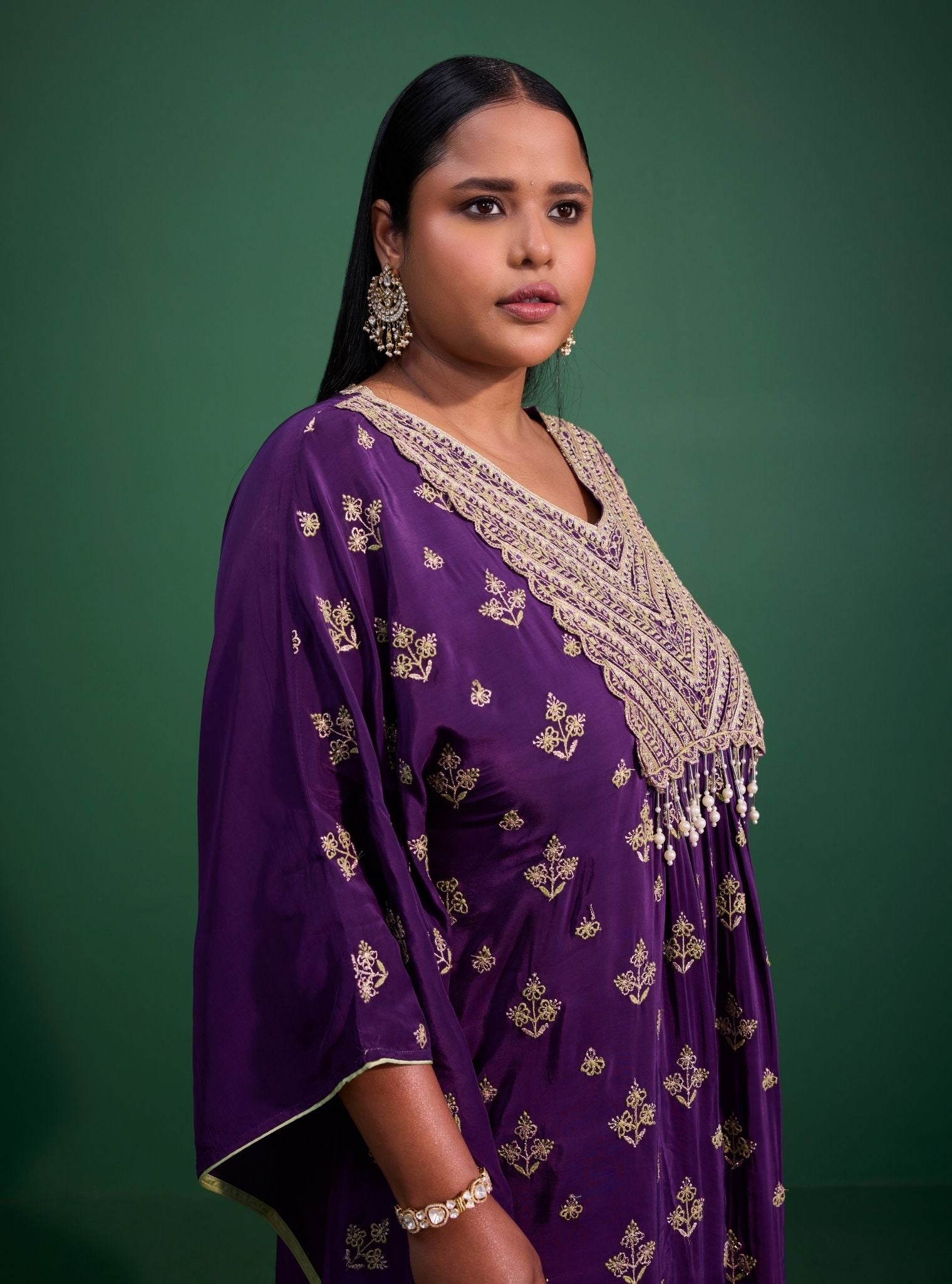 Mulmul Crepe Janam Purple Kaftan With Mulmul Pima Satin Janam Purple Pant