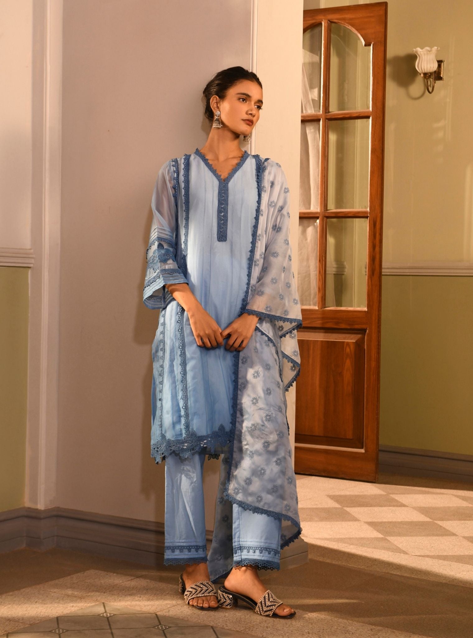 Mulmul Organza Vaya Blue Kurta With Mulmul Cotton Vaya Blue Pant