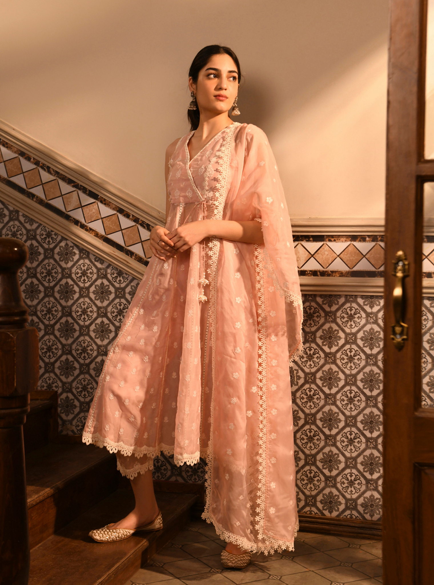 Mulmul Organza Badra Pink Kurta With Mulmul Cotton Badra Pink Pant