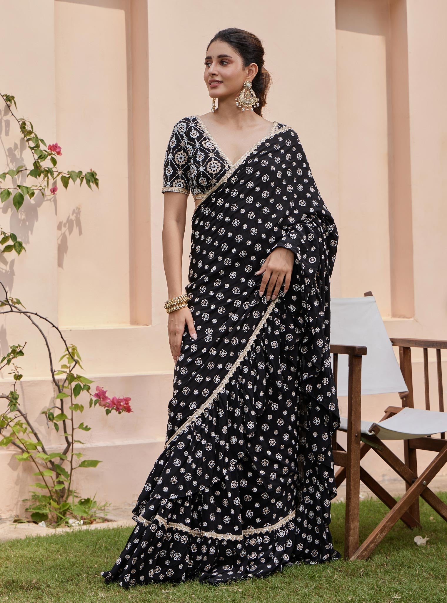 Mulmul Crepe Brahmi Pre-Stitched Black Saree