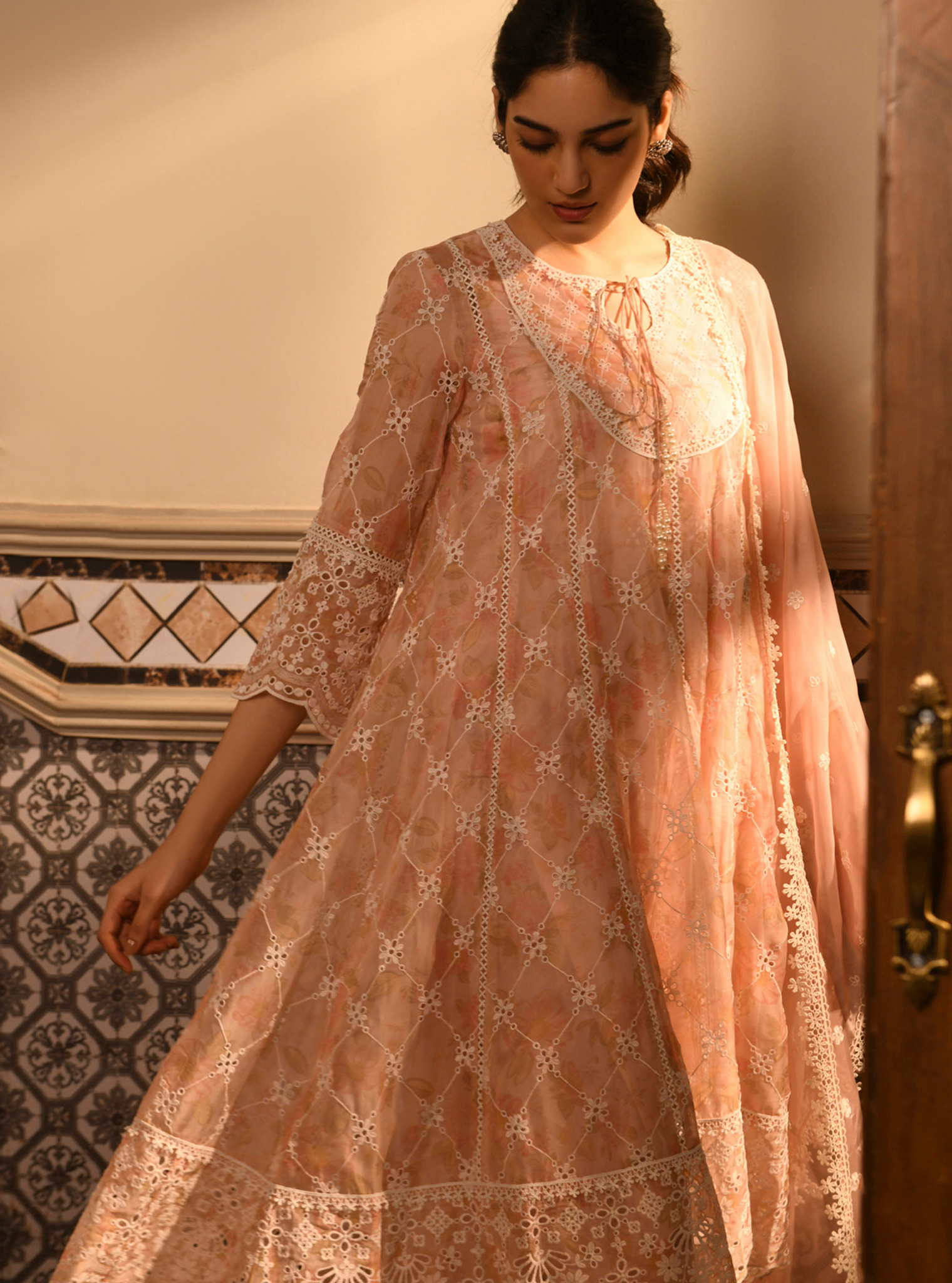 Mulmul Organza Idika Pink Printed Anarkali Kurta With Mulmul Cotton Idika Pink Pant