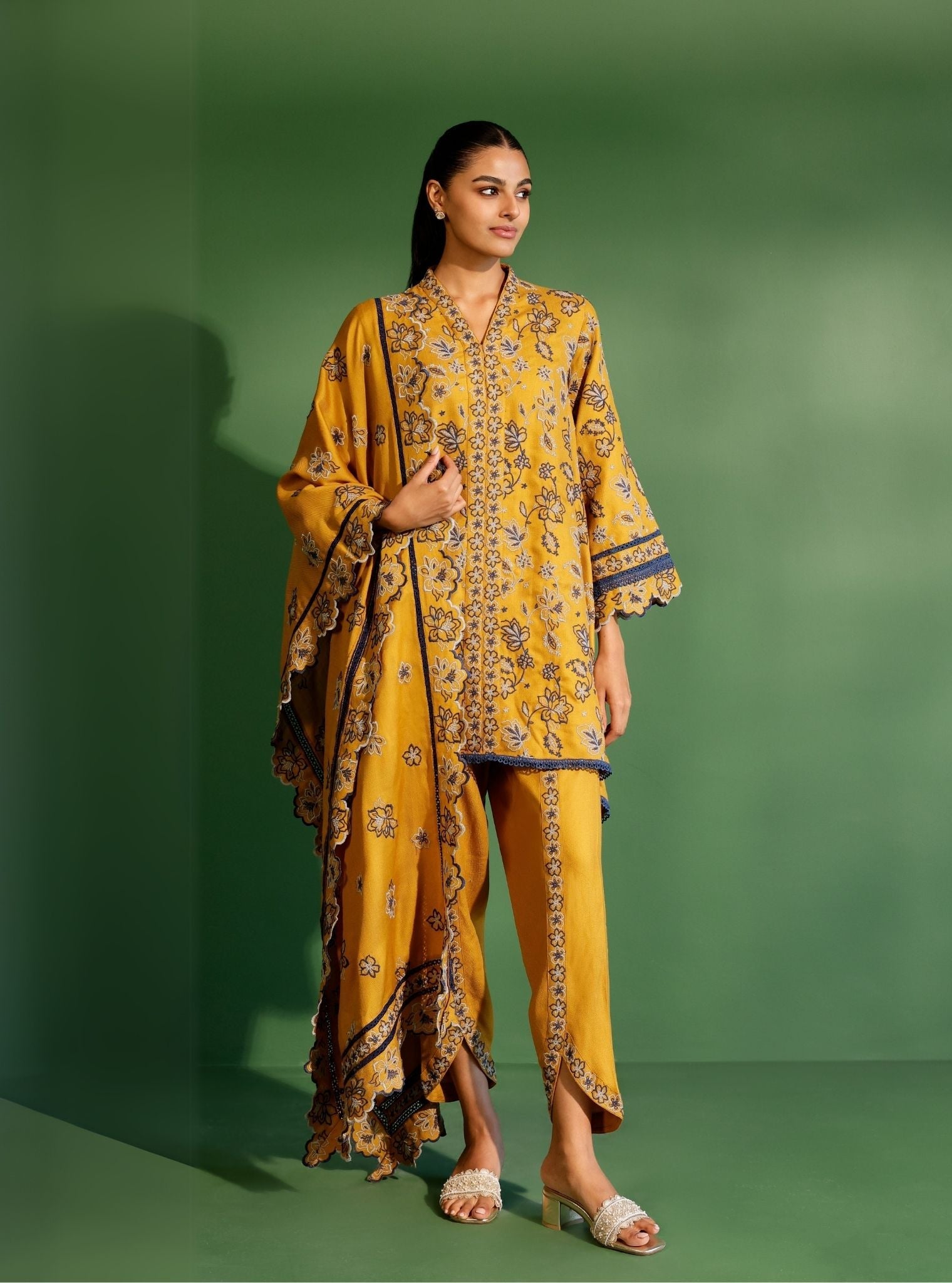 Mulmul Wool Ellis Mustard Kurta With Mulmul Wool Ellis Mustard Pant