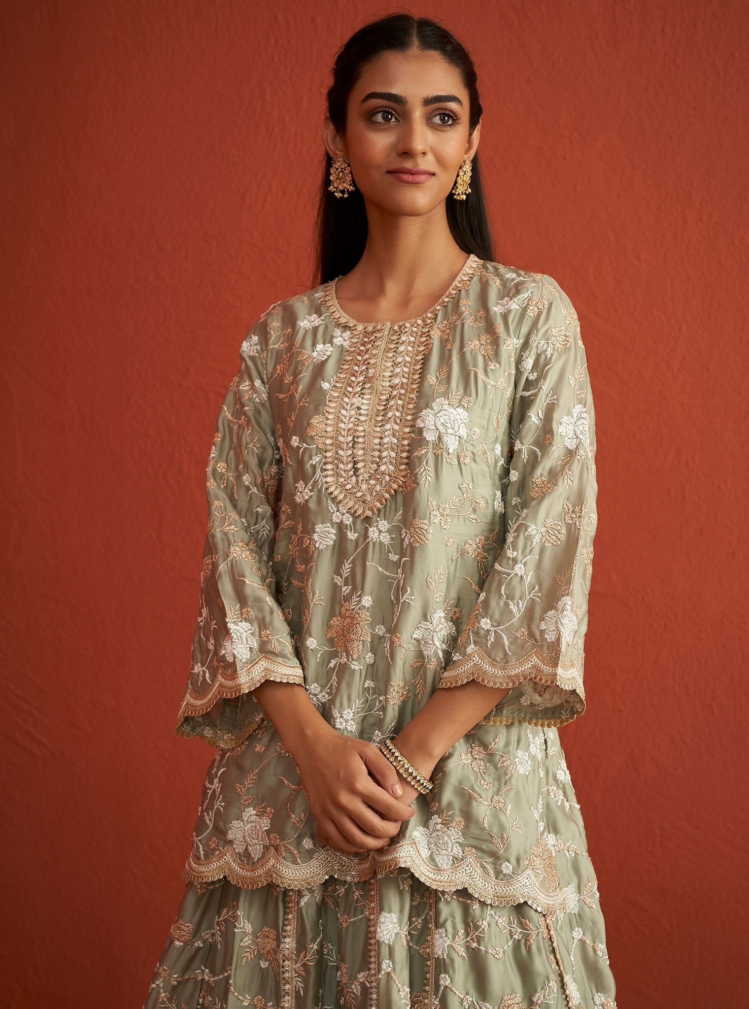 Mulmul Organza Satin Fitoor Sage Green Kurta With Mulmul Organza Satin Fitoor Sage Green Lehenga